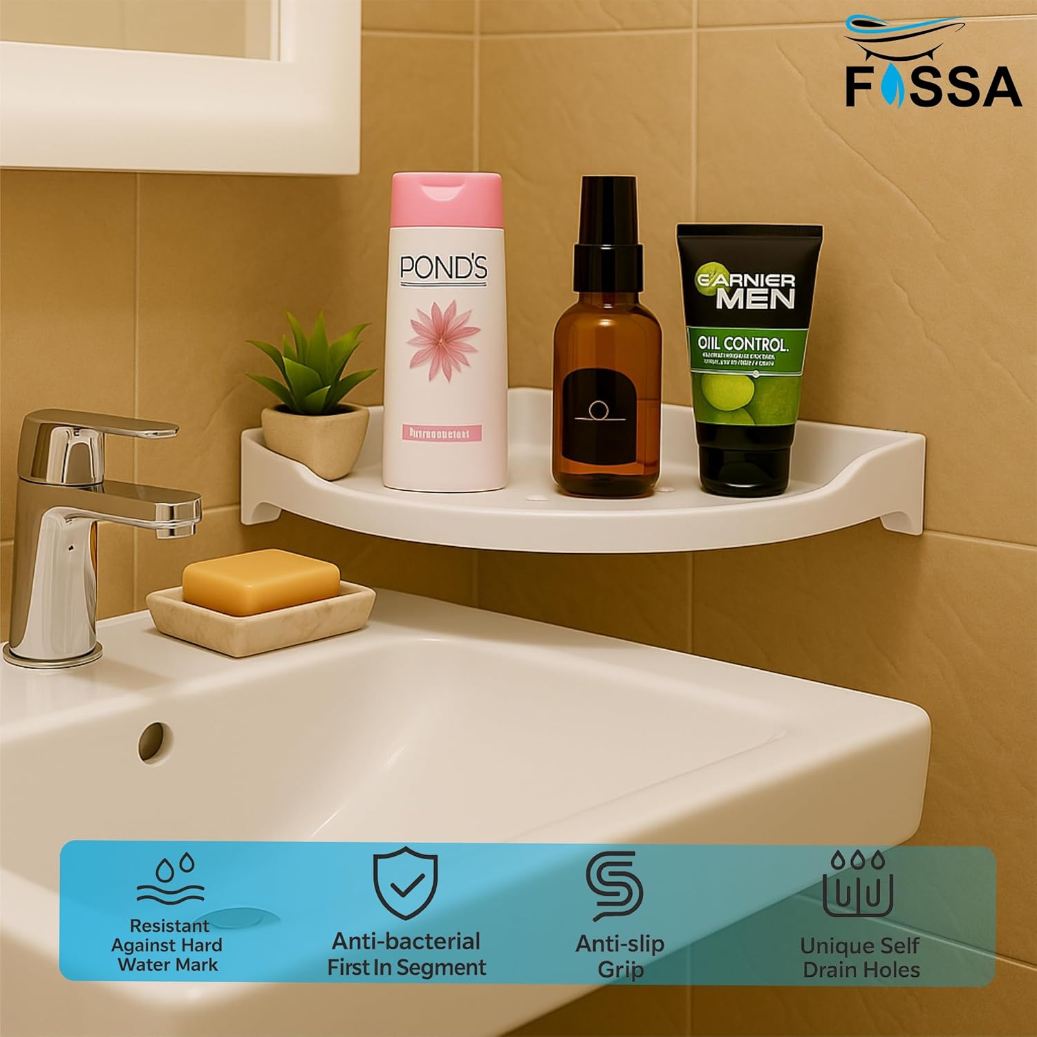 Fossa Classic Ceramic Corner Wall Shelf for Bathroom & Living Room – Wall Mounted Corner Stand for Toiletries | Space-Saving Waterproof Bathroom Corner Shelf Ivory (Glossy Finish) - Fossa Home 
