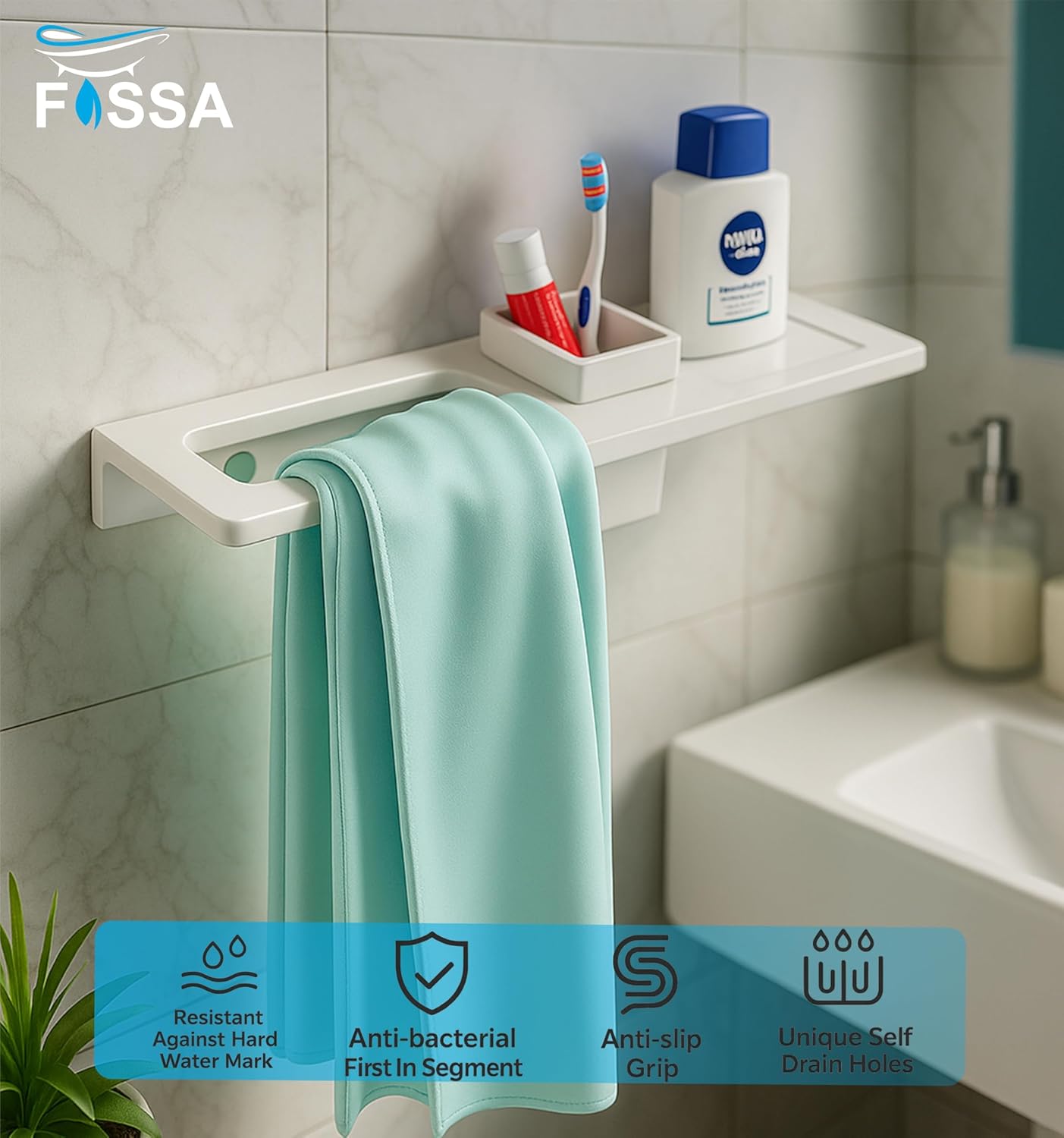 Fossa Classic Ceramic Sink Organizer with Towel Ring & Brush Holder – Multi-Functional Wall Mounted Bathroom Rack | Rust & Fade Proof, Space-Saving Ceramic Holder | White (Glossy Finish) - Fossa Home 