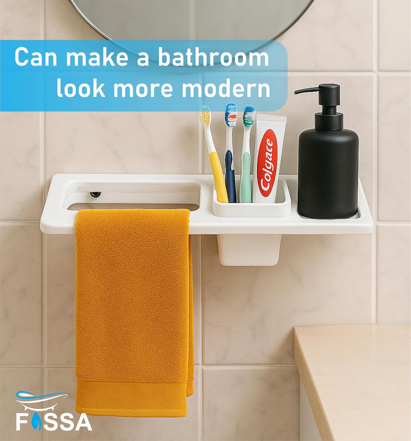 Fossa Classic Ceramic Sink Organizer with Towel Ring & Brush Holder – Multi-Functional Wall Mounted Bathroom Rack | Rust & Fade Proof, Space-Saving Ceramic Holder | White (Glossy Finish) - Fossa Home 