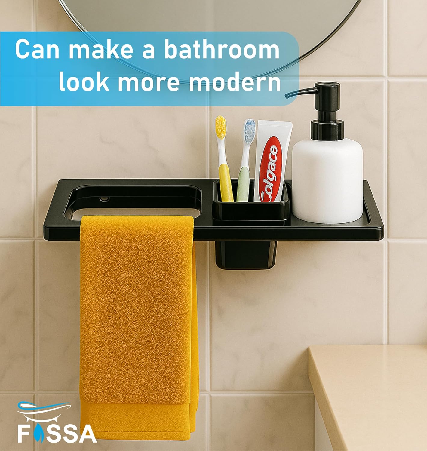 Fossa Classic Ceramic Sink Organizer with Towel Ring & Brush Holder – Multi-Functional Wall Mounted Bathroom Rack | Space-Saving, Rust & Fade Proof Holder | Black (Glossy Finish) - Fossa Home 