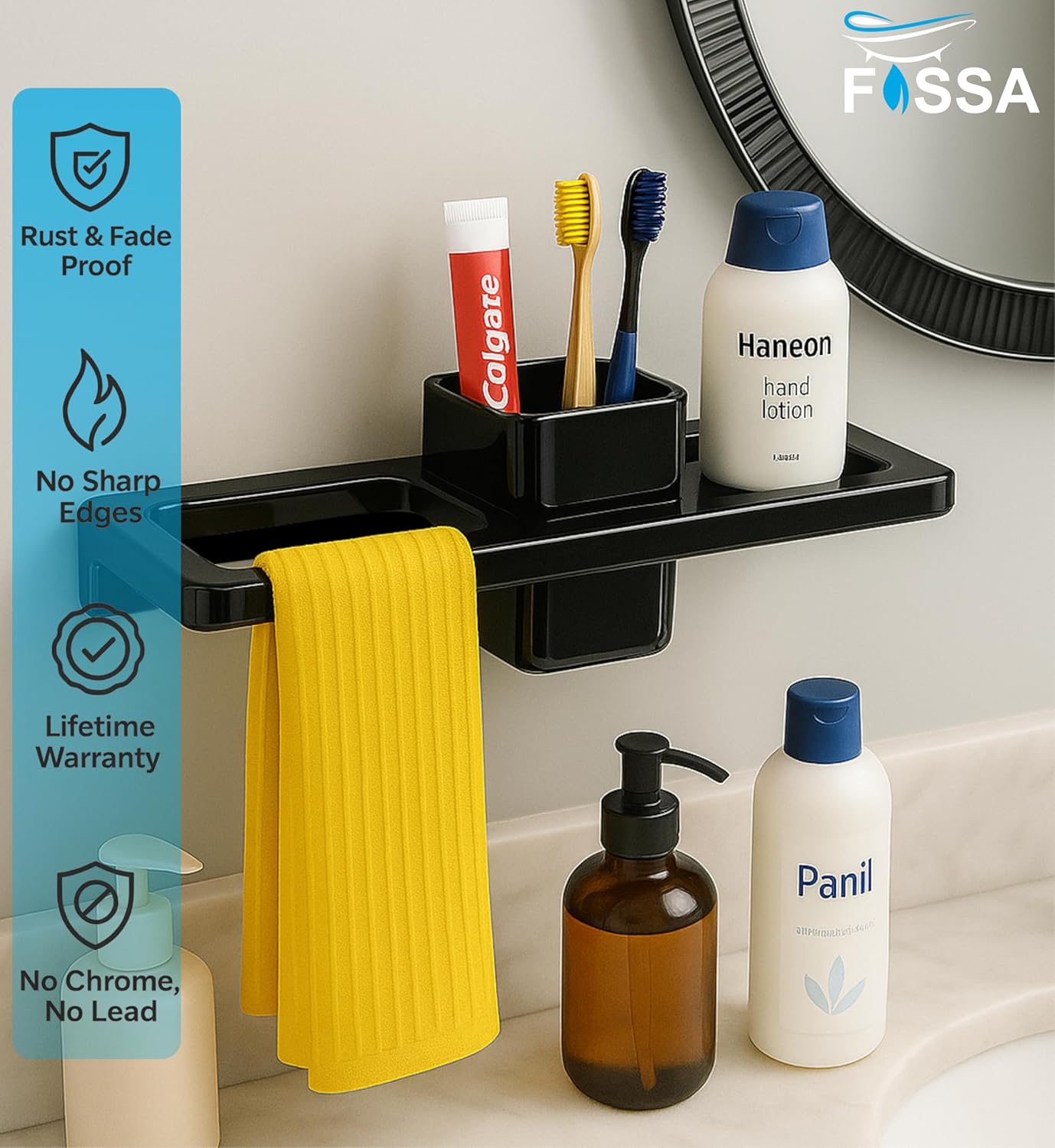 Fossa Classic Ceramic Sink Organizer with Towel Ring & Brush Holder – Multi-Functional Wall Mounted Bathroom Rack | Space-Saving, Rust & Fade Proof Holder | Black (Glossy Finish) - Fossa Home 