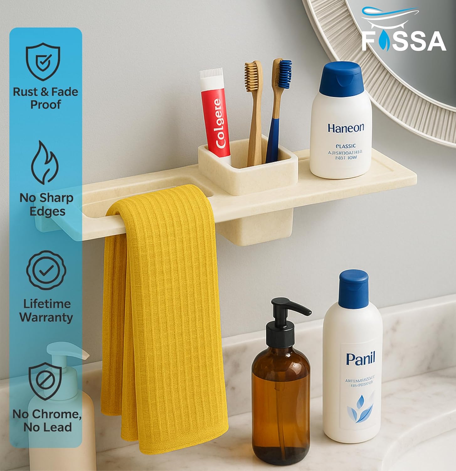 Fossa Classic Ceramic Sink Organizer with Towel Ring & Brush Holder – Multi-Functional Wall Mounted Bathroom Rack | Space-Saving, Rust & Fade Proof Holder | Ivory (Glossy Finish) - Fossa Home 