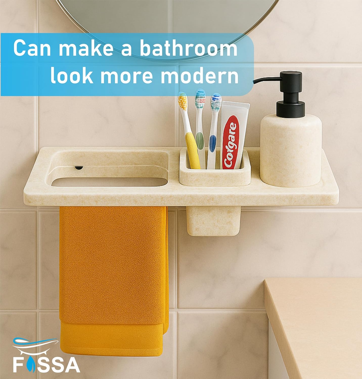 Fossa Classic Ceramic Sink Organizer with Towel Ring & Brush Holder – Multi-Functional Wall Mounted Bathroom Rack | Space-Saving, Rust & Fade Proof Holder | Ivory (Glossy Finish) - Fossa Home 