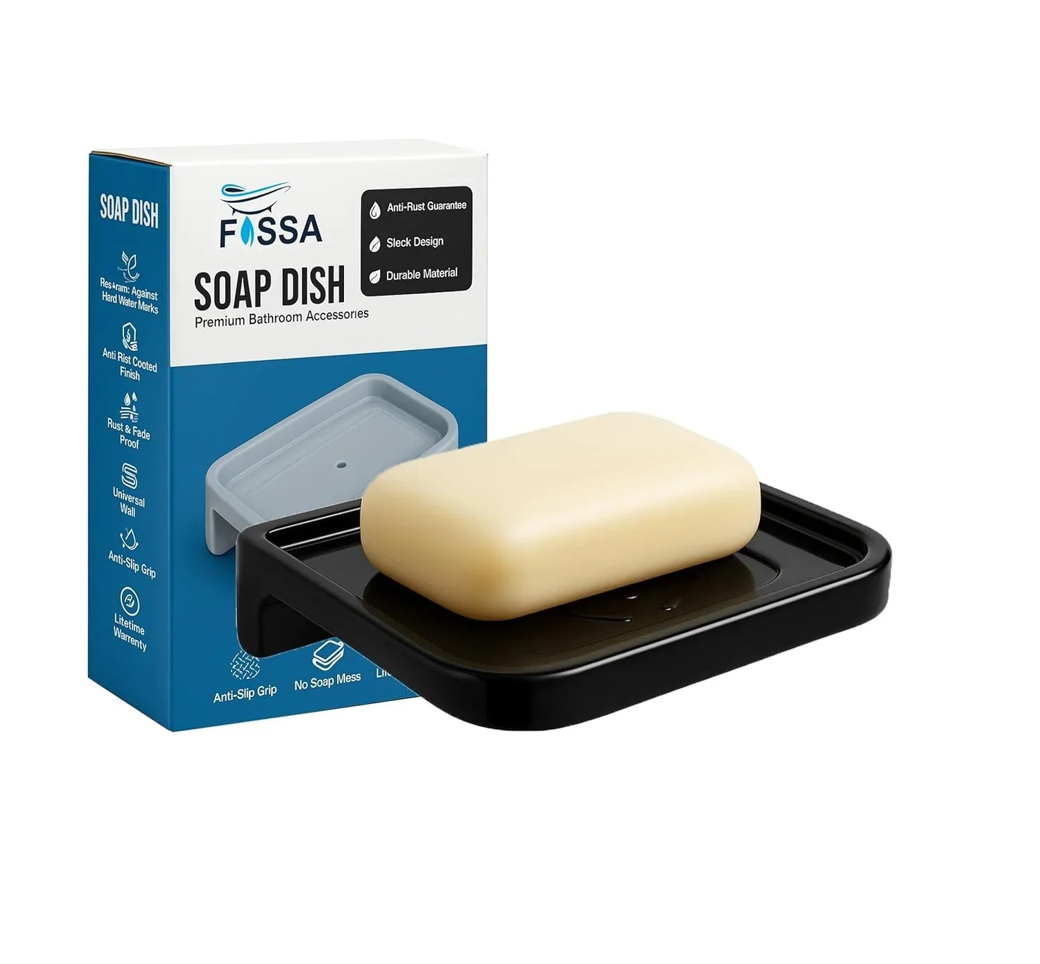 Fossa Classic Ceramic Soap Dish for Bathroom & Kitchen – Wall Mounted Soap Dish Holder with Anti-Rust & Anti-Slip Grip | Bathroom Soap Holder, Kitchen Soap Dish, Soap Stand Black (Glossy Finish) - Fossa Home 