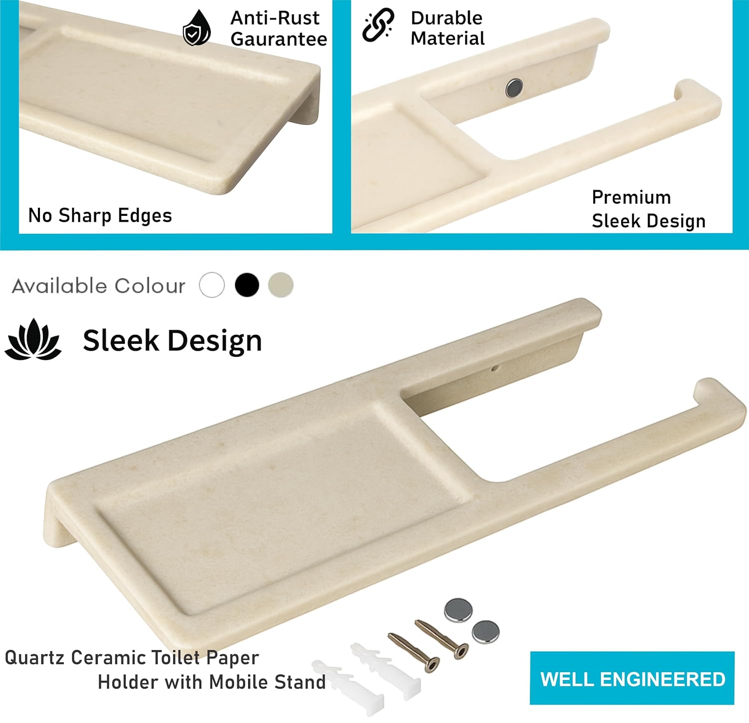 Fossa Classic Ceramic Toilet Paper Holder with Mobile Stand| No Sharp Edge, Safe for Children, Hard Water Resistant, Rust & Fade Proof, Anti-Bacterial Toilet Holder Glossy Finish (Ivory) - Fossa Home 