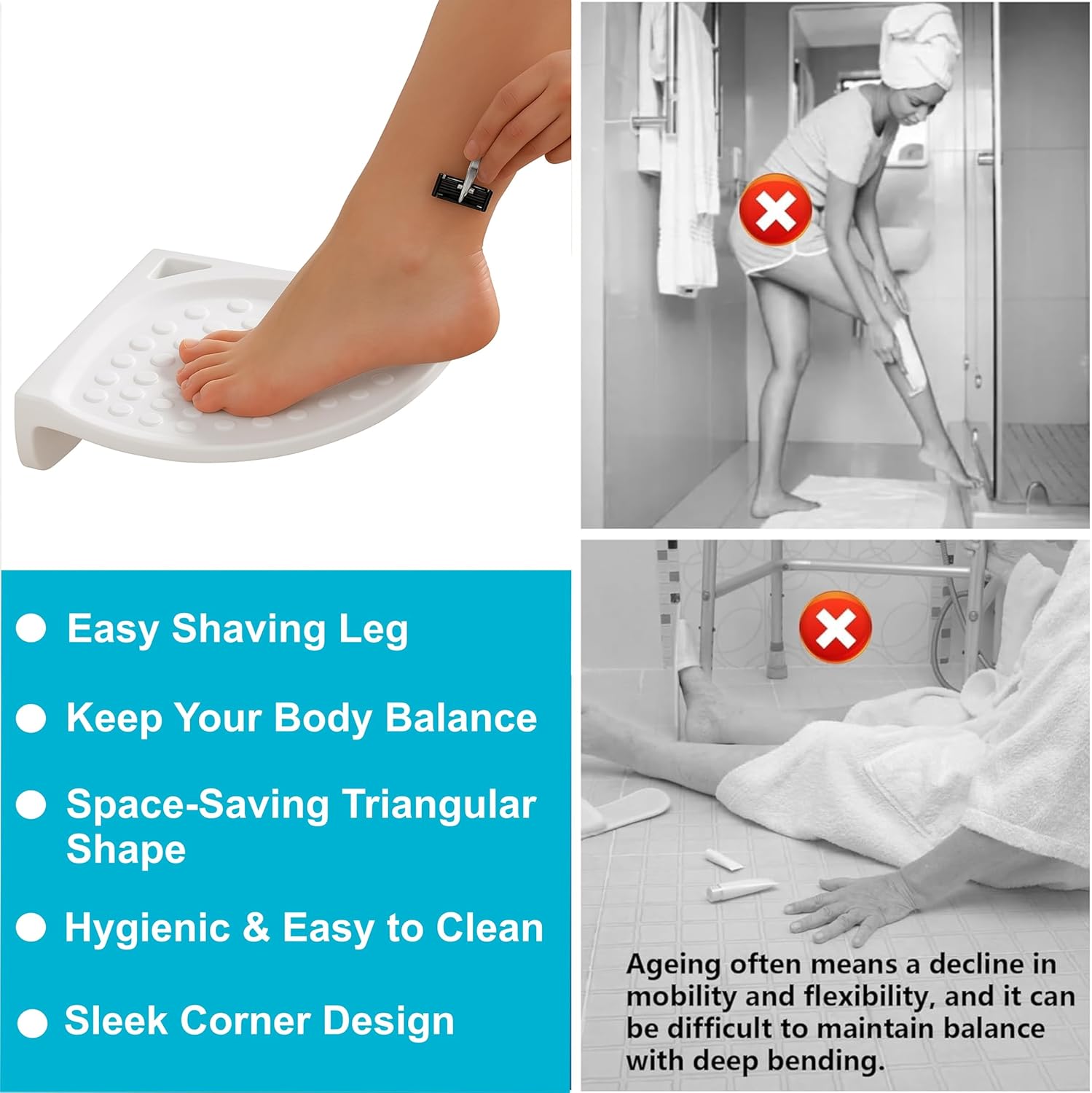 Fossa Classic Ceramic Unbreakable Foot Rest Stand for Smart Bathroom Corner – Adjustable Leg Support, Anti-Slip Foot Stand for Shaving | Foot Rest Stand for Use, White (Glossy Finish) - Fossa Home 