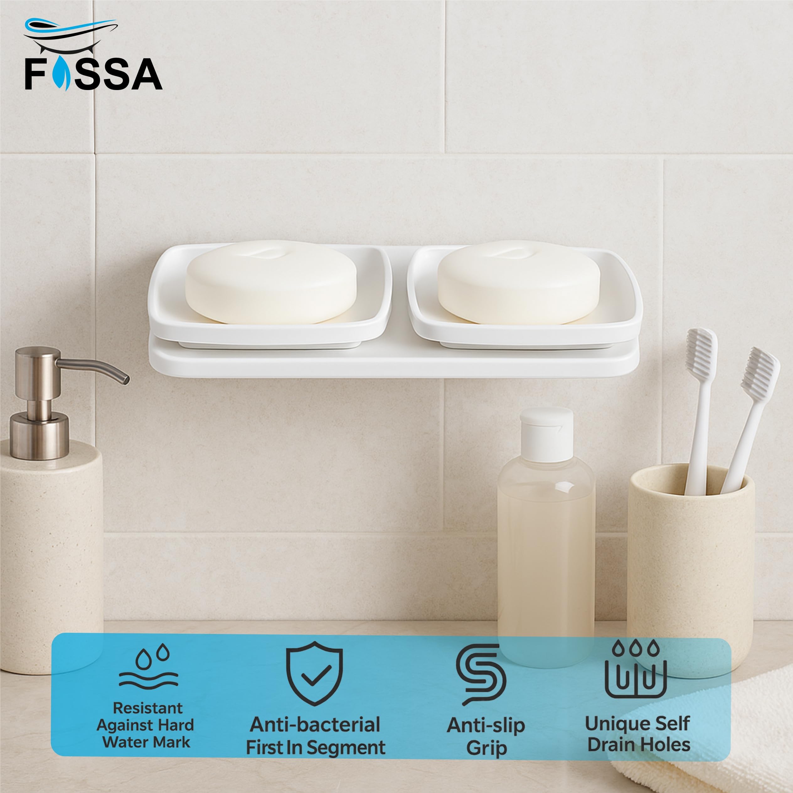 Fossa Classic Ceramic Unbreakable Wall Mounted Double Soap Dish for Bathroom – Soap Holder with Self-Drain, Rust-Proof & Space-Saving Design | Modern Bathroom Accessories – white (Glossy Finish) - Fossa Home 