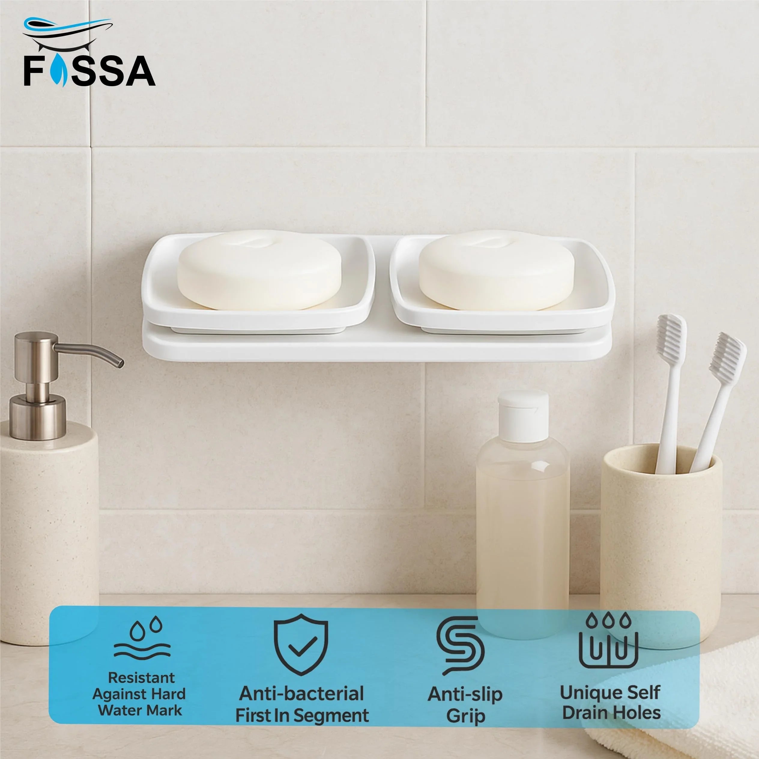 Fossa Classic Ceramic Unbreakable Wall Mounted Double Soap Dish for Bathroom – Soap Holder with Self-Drain, Rust-Proof & Space-Saving Design | Modern Bathroom Accessories – white (Glossy Finish) - Fossa Home 