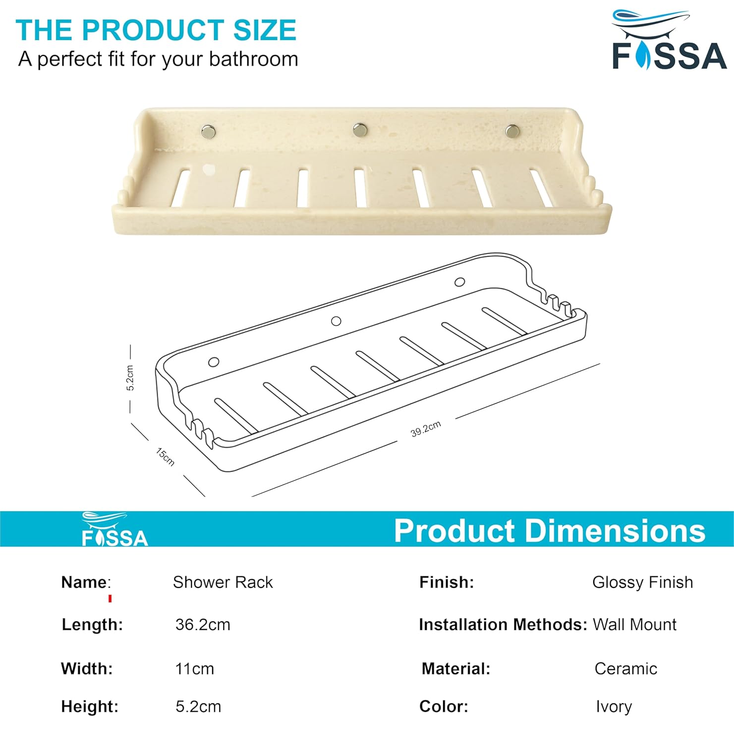 FOSSA Classic Ceramic Wall Mounted Shower Shelf Rack – Anti-Bacterial, Anti-Slip Organizer for Bathroom Storage | Stylish Multi-Soap Shower Holder | Ivory (Glossy Finish) - Fossa Home 