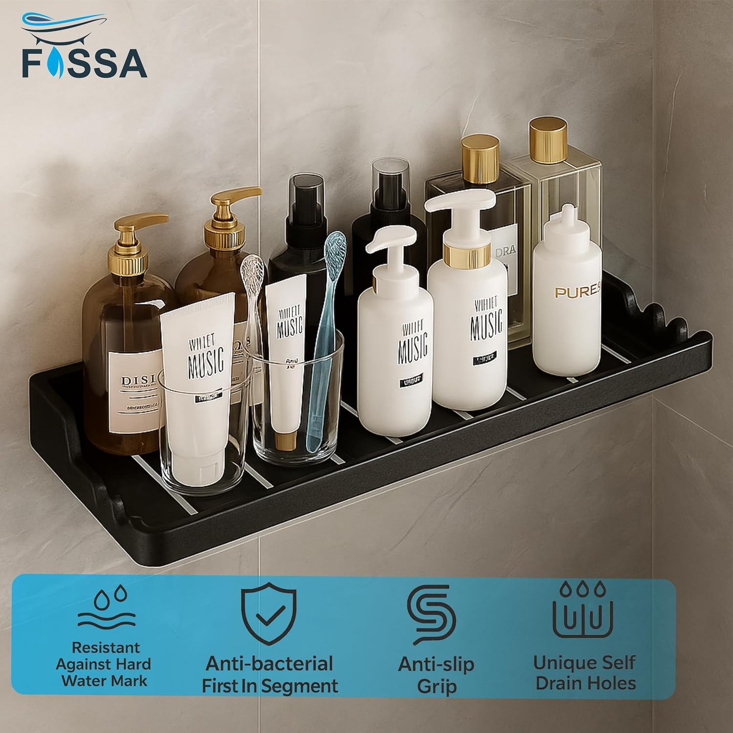 Fossa Classic Ceramic Wall Mounted Shower Shelf Rack – Luxurious Look, Anti-Slip Organizer for Modern Bathroom | Stylish & Functional Shower Caddy | Black (Glossy Finish) - Fossa Home 