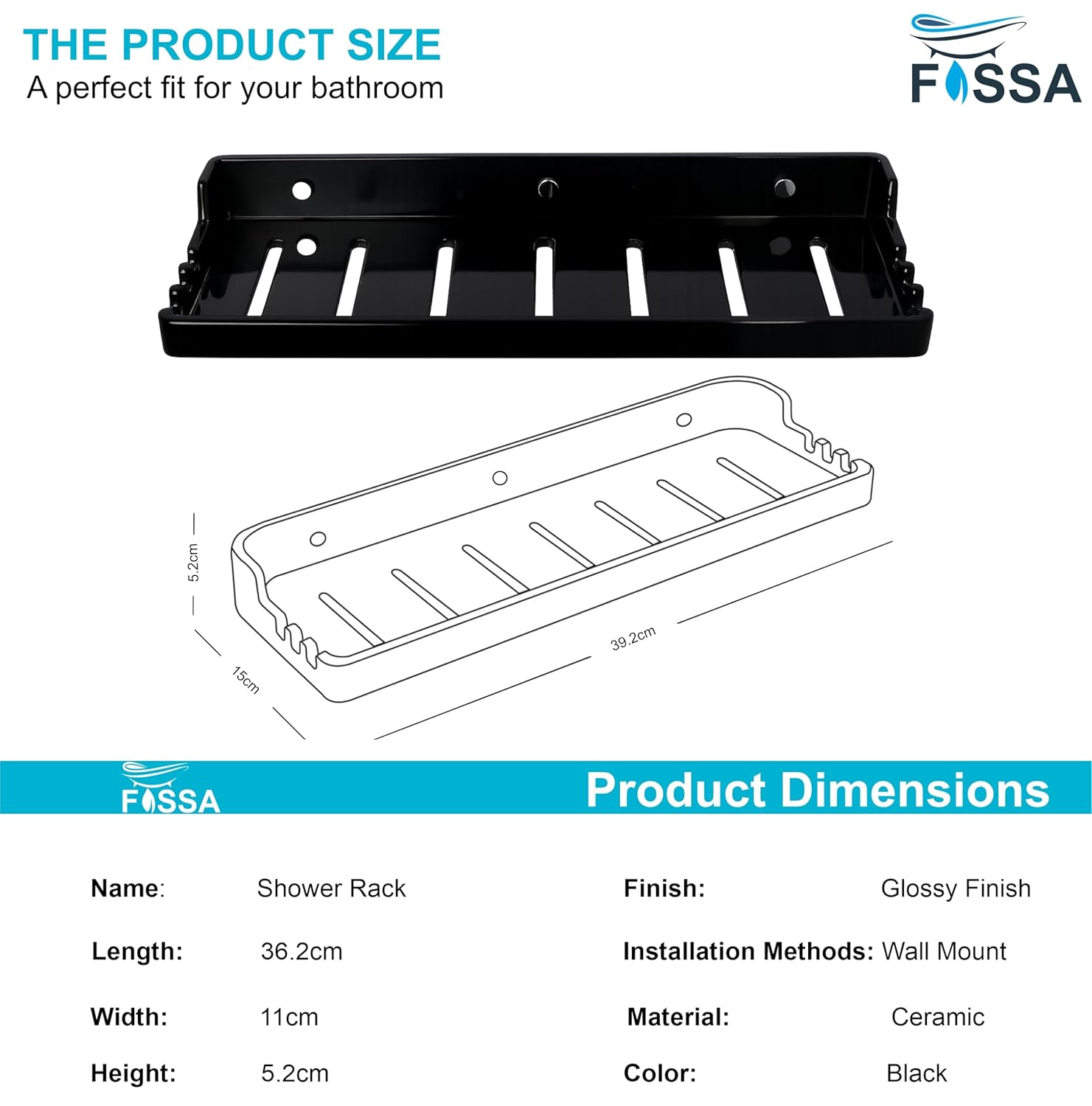 Fossa Classic Ceramic Wall Mounted Shower Shelf Rack – Luxurious Look, Anti-Slip Organizer for Modern Bathroom | Stylish & Functional Shower Caddy | Black (Glossy Finish) - Fossa Home 
