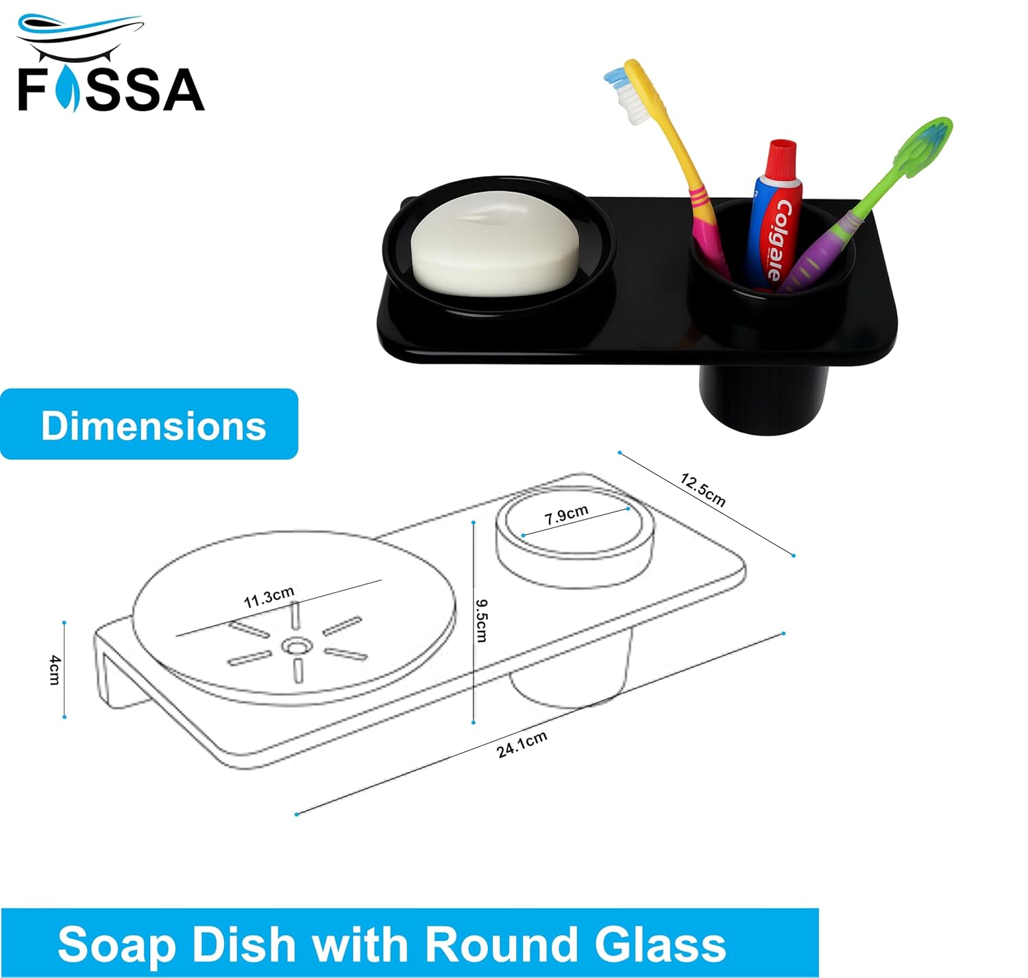 Fossa Classic Ceramic Wall Mounted Soap Dish with Toothbrush Holder – Compact Bathroom, Anti-Bacterial, Rust & Fade Resistant | Modern Soap Holder for Daily Use | Black (Glossy Finish) - Fossa Home 