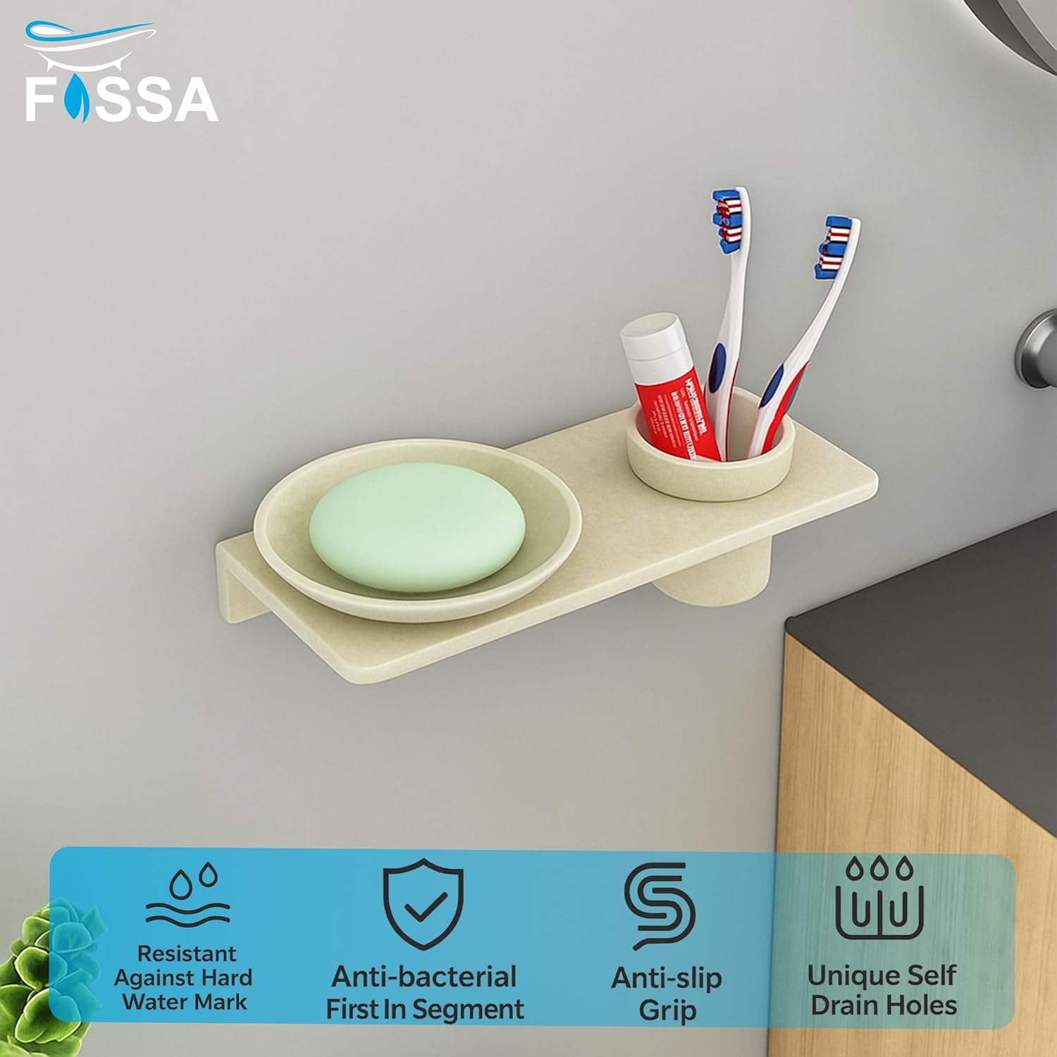 Fossa Classic Ceramic Wall Mounted Soap Dish with Toothbrush Holder – Compact Bathroom, Anti-Bacterial, Rust & Fade Resistant | Modern Soap Holder for Daily Use | Ivory (Glossy Finish) - Fossa Home 