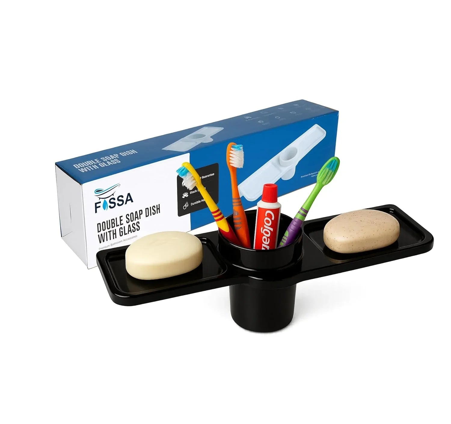Fossa Classic Double Soap Dish with Glass – Ceramic Body Wall Mounted Soap Holder with Toothbrush Stand | Anti-Rust, No Sharp Edges | Bathroom & Kitchen Organizer Black (Glossy Finish) - Fossa Home 