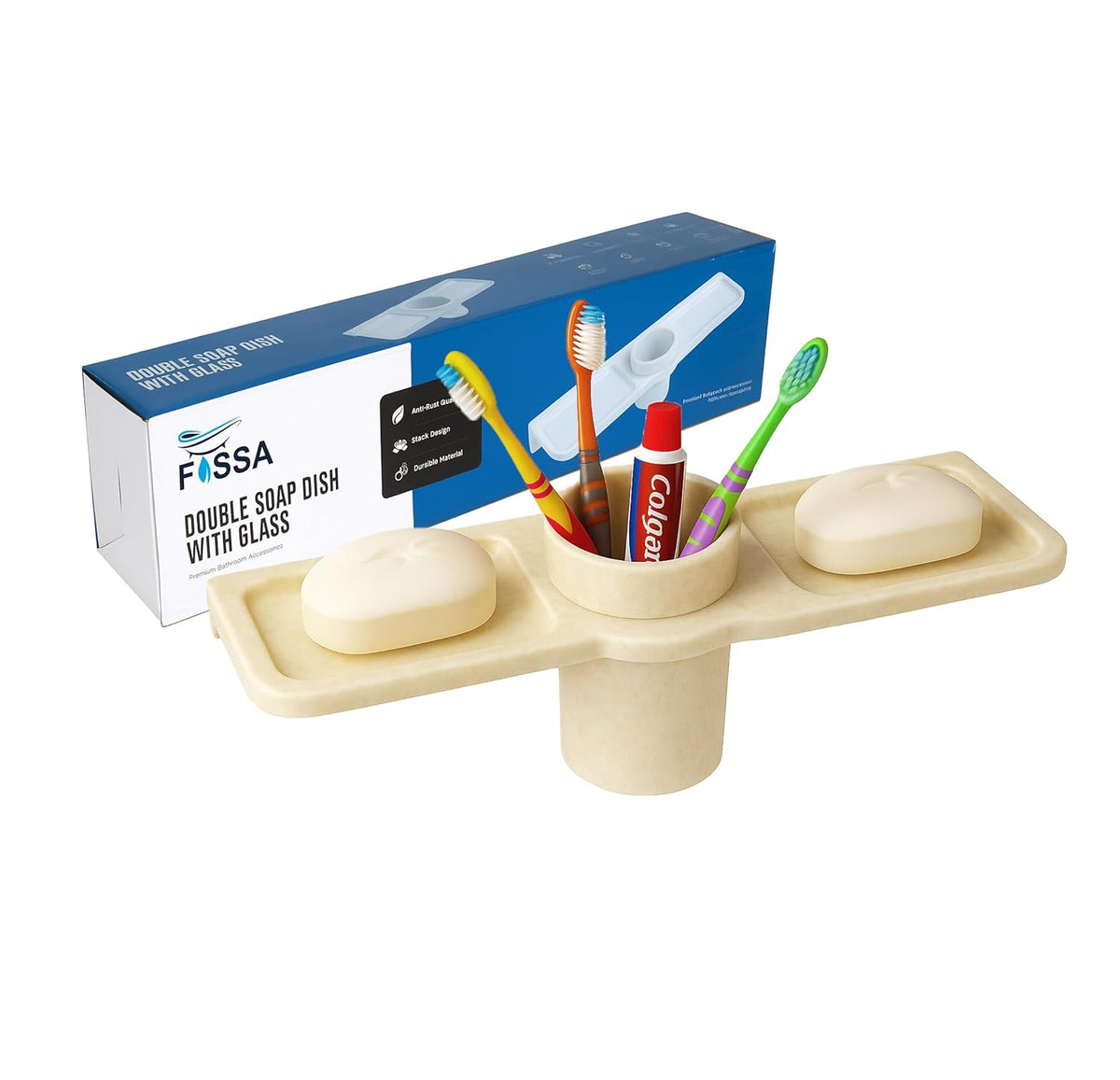 Fossa Classic Double Soap Dish with Glass – Ceramic Body Wall Mounted Soap Holder with Toothbrush Stand | Anti-Rust, No Sharp Edges | Bathroom & Kitchen Organizer Ivory (Glossy Finish) - Fossa Home 