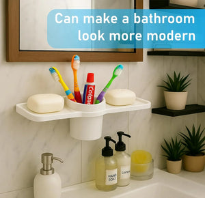 Fossa Classic Double Soap Dish with Glass – Ceramic Body Wall Mounted Soap Holder with Toothbrush Stand | Anti-Rust, No Sharp Edges | Bathroom & Kitchen Organizer White (Glossy Finish) - Fossa Home 