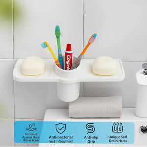 Fossa Classic Double Soap Dish with Glass – Ceramic Body Wall Mounted Soap Holder with Toothbrush Stand | Anti-Rust, No Sharp Edges | Bathroom & Kitchen Organizer White (Glossy Finish) - Fossa Home 