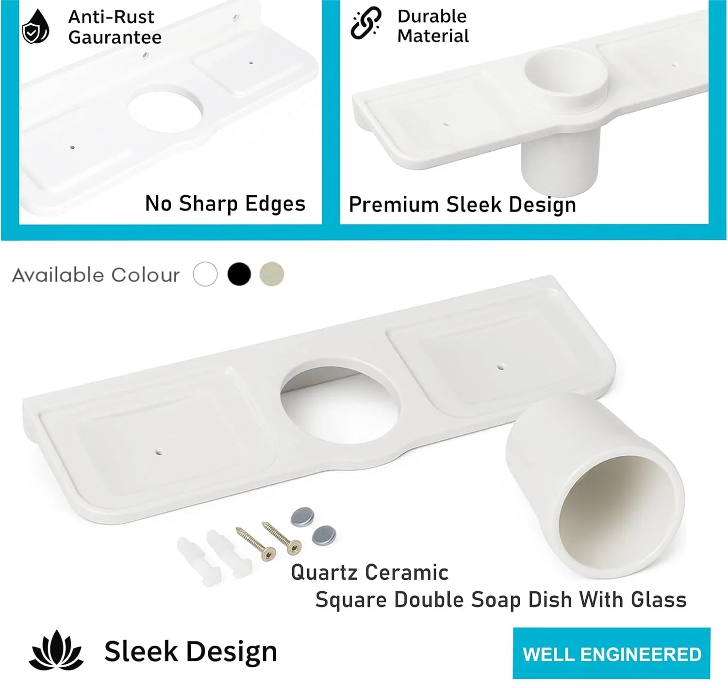 Fossa Classic Double Soap Dish with Glass – Ceramic Body Wall Mounted Soap Holder with Toothbrush Stand | Anti-Rust, No Sharp Edges | Bathroom & Kitchen Organizer White (Glossy Finish) - Fossa Home 