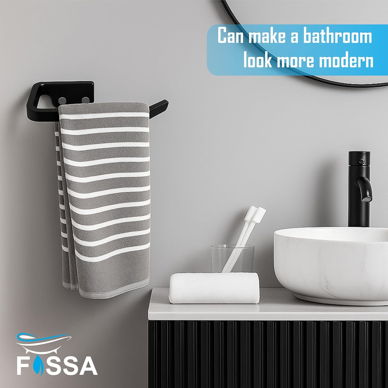 Fossa Classic Unbreakable Wall Mounted Ceramic Napkin Ring & Towel Holder for Bathroom & Kitchen – Space-Saving, Anti-Rust Towel Hanger | Stylish Bathroom Accessory – Black (Glossy Finish) - Fossa Home 