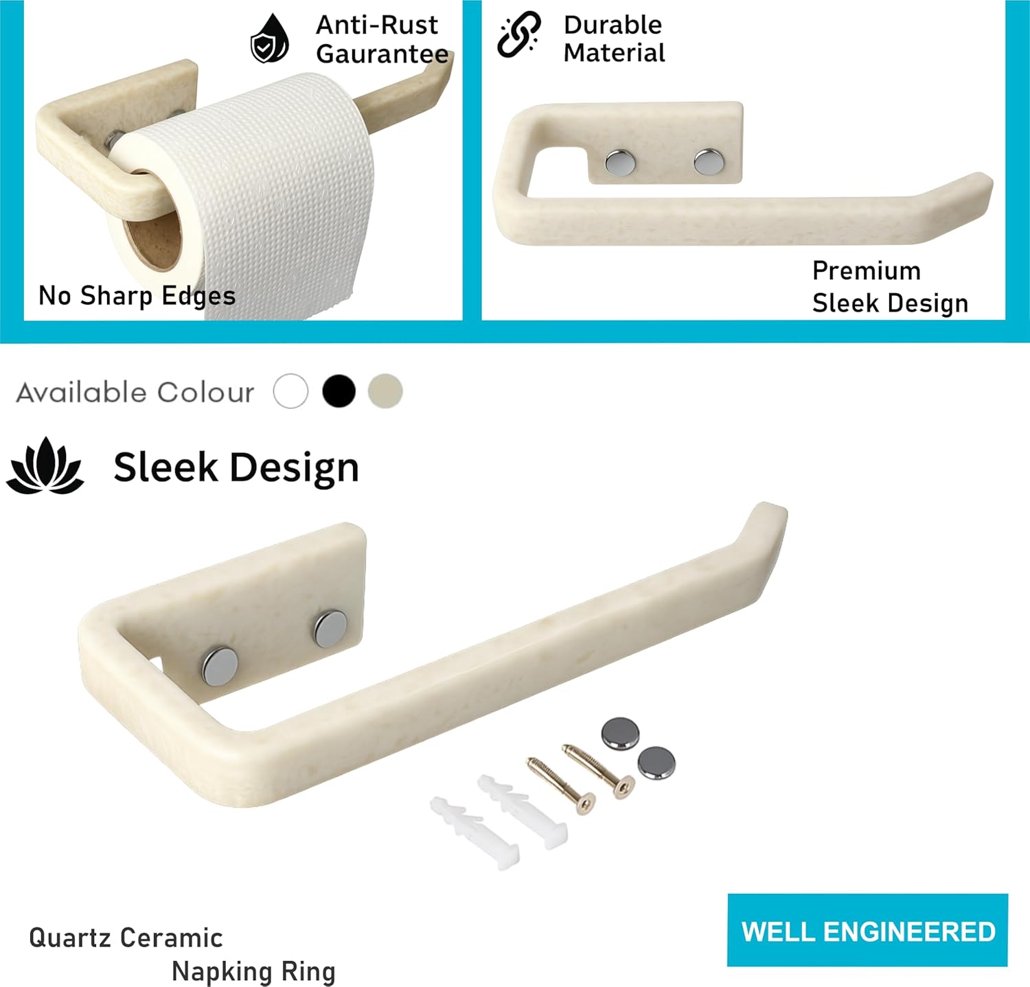 Fossa Classic Unbreakable Wall Mounted Ceramic Napkin Ring & Towel Holder for Bathroom & Kitchen – Space-Saving, Anti-Rust Towel Hanger | Stylish Bathroom Accessory – Ivory (Glossy Finish) - Fossa Home 