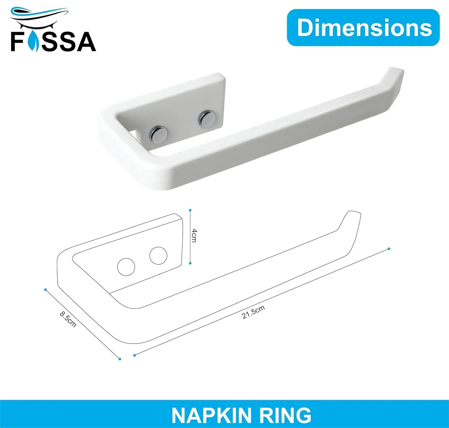 Fossa Classic Unbreakable Wall Mounted Ceramic Napkin Ring & Towel Holder for Bathroom & Kitchen – Space-Saving, Anti-Rust Towel Hanger | Stylish Bathroom Accessory – White (Glossy Finish) - Fossa Home 
