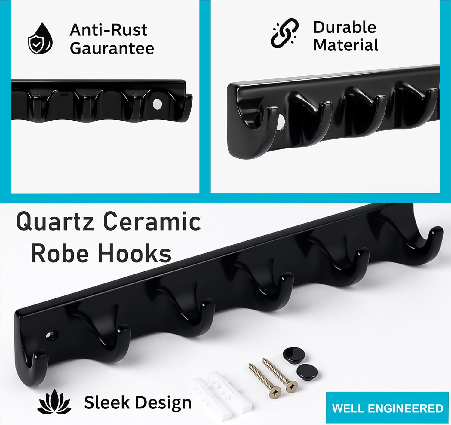 FOSSA Classy Ceramic Cloth Hanger – Stylish Wall Mounted Hook Rack with 6 Curved Hooks for Bathroom & Living Spaces Black (Glossy Finish) - Fossa Home 