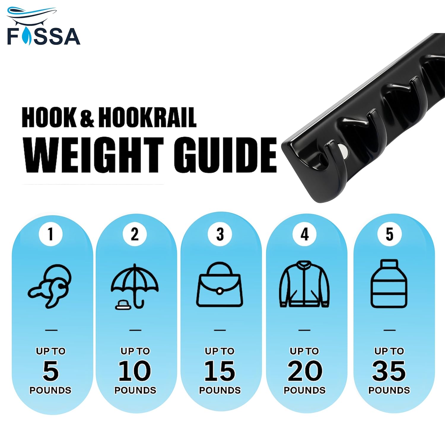 FOSSA Classy Ceramic Cloth Hanger – Stylish Wall Mounted Hook Rack with 6 Curved Hooks for Bathroom & Living Spaces Black (Glossy Finish) - Fossa Home 