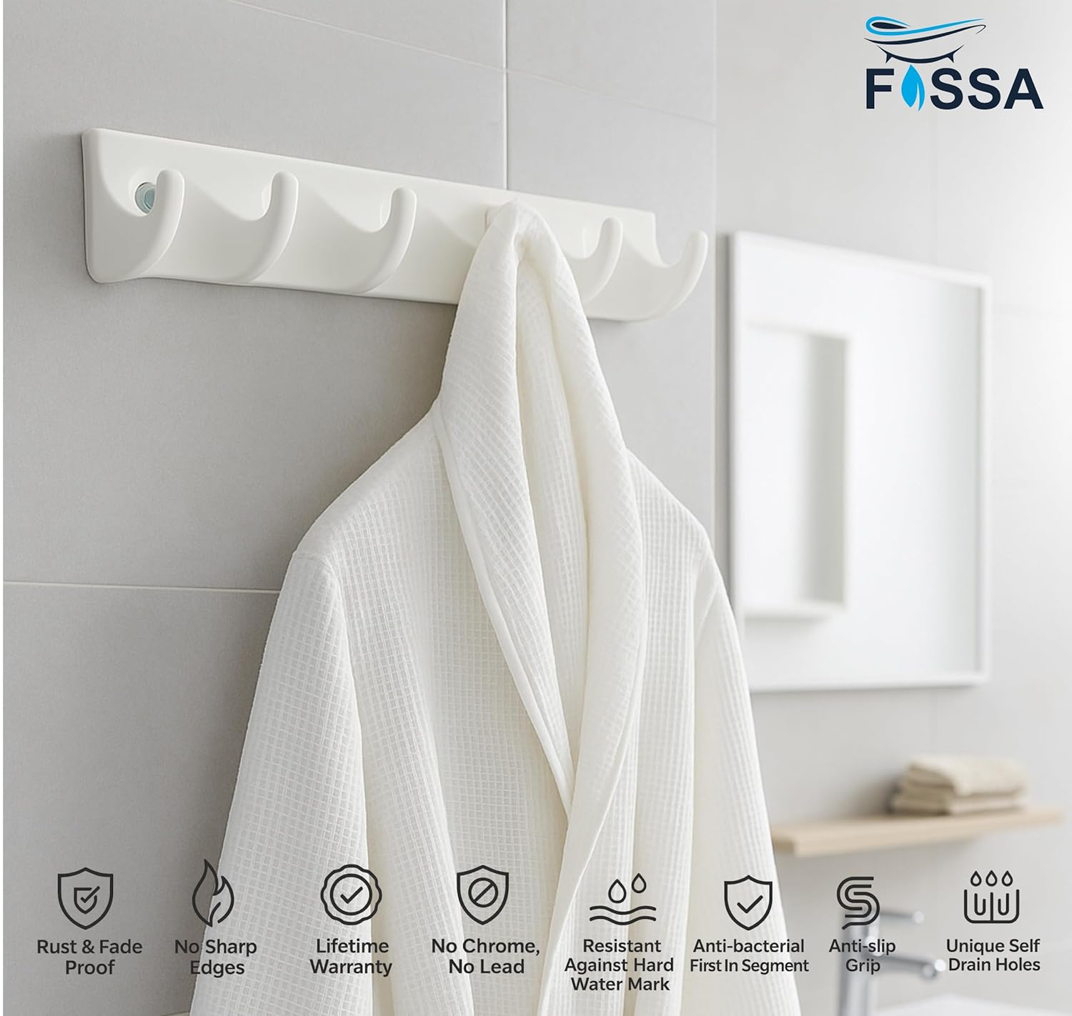 FOSSA Classy Ceramic Cloth Hanger – Stylish Wall Mounted Hook Rack with 6 Curved Hooks for Bathroom & Living Spaces White (Glossy Finish) - Fossa Home 