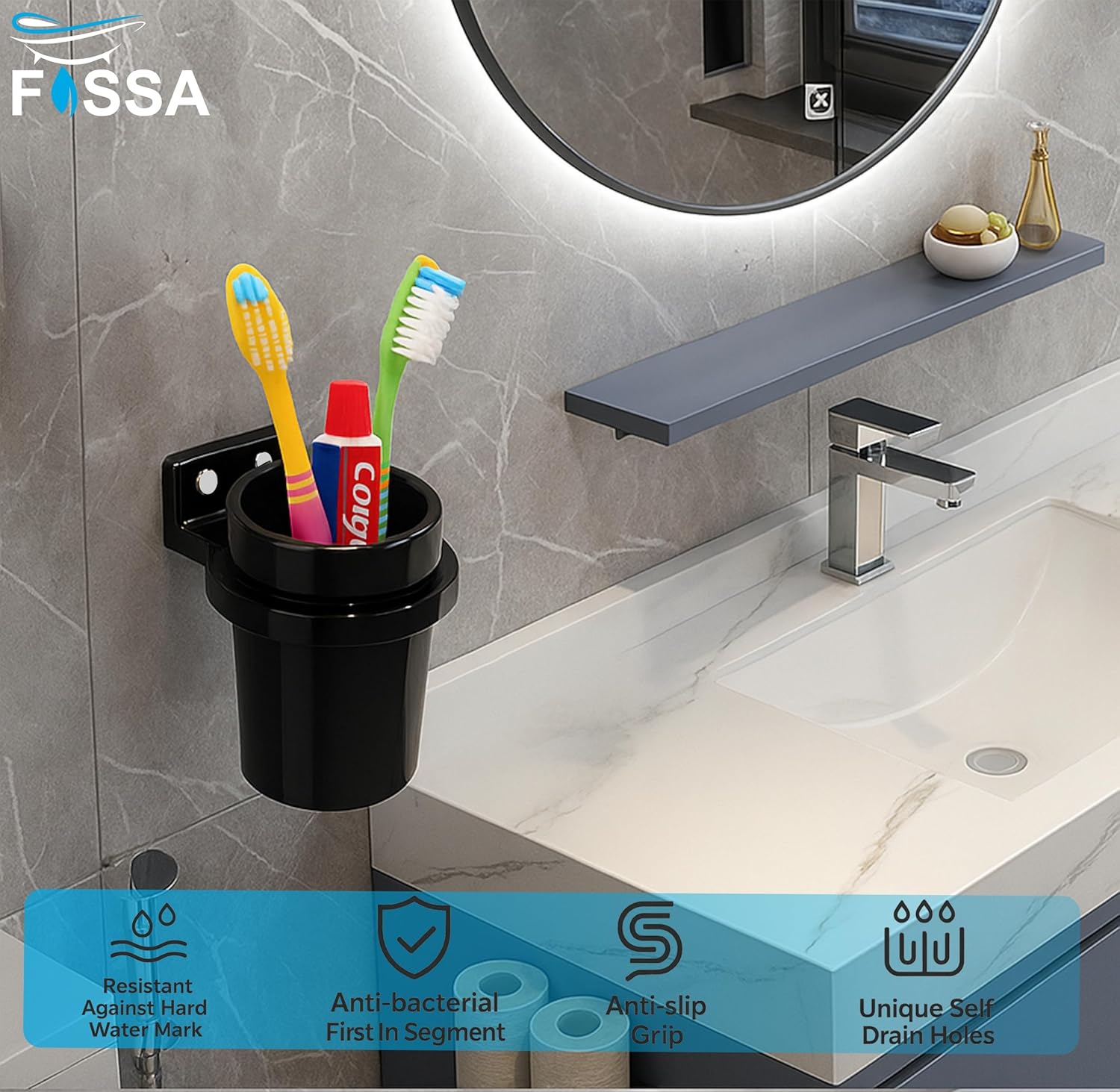 Fossa Classy Quartz Ceramic Brush Holder – Wall Mounted Round Brush Stand for Bathroom | Standing Toothbrush Holder, Scratch-Resistant | Black Glossy Finish (Black) - Fossa Home 