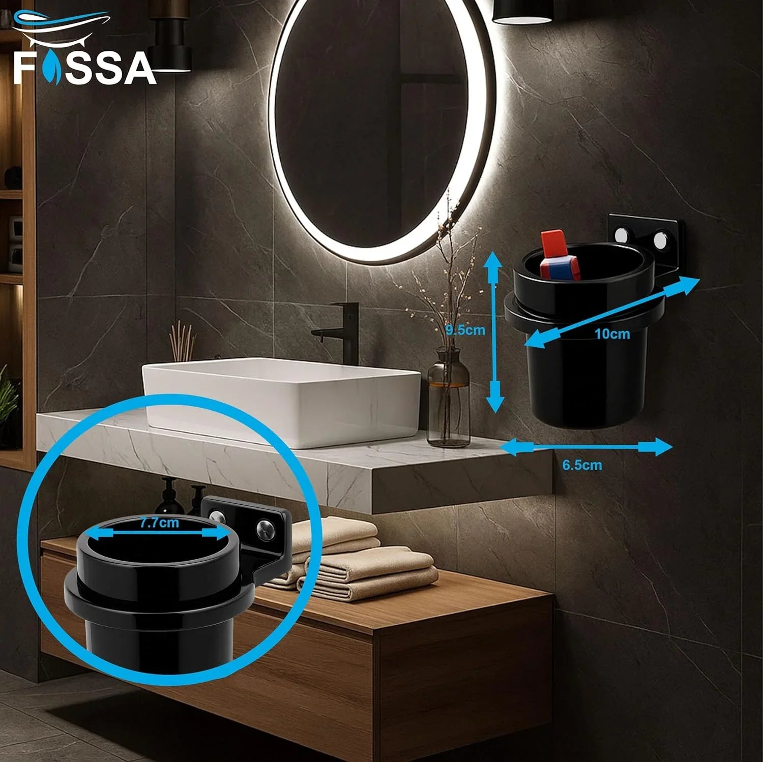 Fossa Classy Quartz Ceramic Brush Holder – Wall Mounted Round Brush Stand for Bathroom | Standing Toothbrush Holder, Scratch-Resistant | Black Glossy Finish (Black) - Fossa Home 