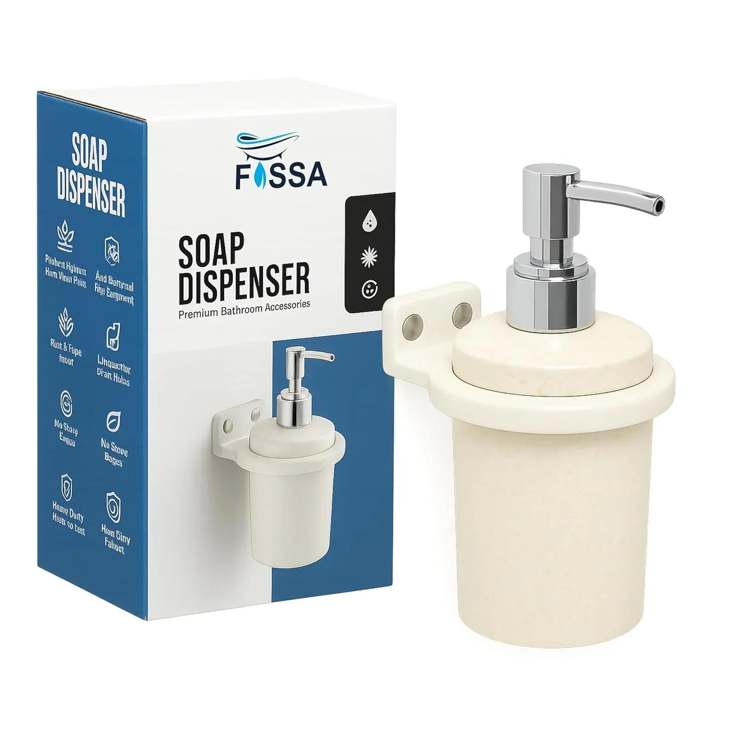Fossa Classy Soap Dispenser for Bathroom & Kitchen – Wall Mounted Dispenser for Hand Wash & Face Wash | Ceramic Body Ivory (Glossy Finish) - Fossa Home 