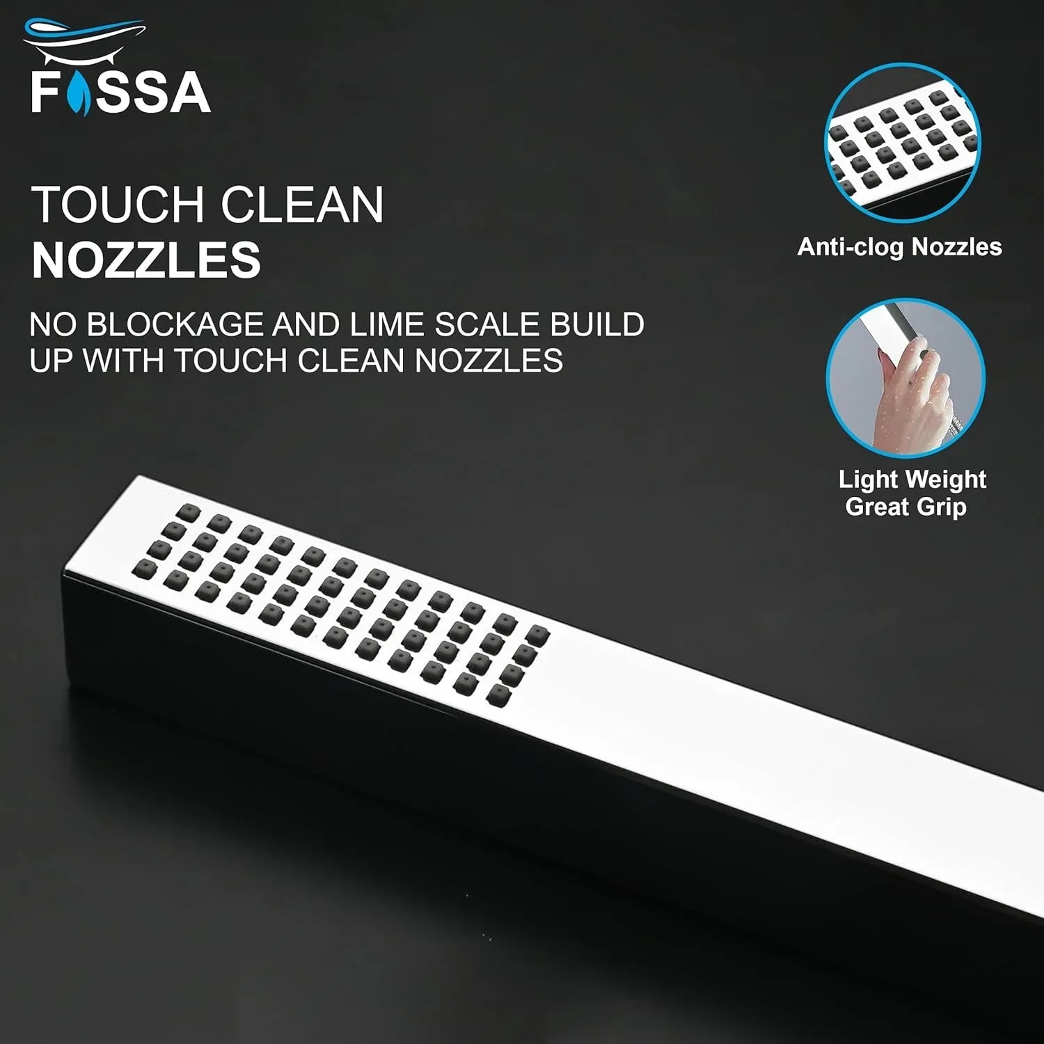 Fossa Hexa Square ABS Hand-Held Shower with 1.5 Mtr Hose Pipe and Wall Hook for Bathroom, High Pressure Shower Set Chrome Finish (Hand Shower Set) - Fossa Home 