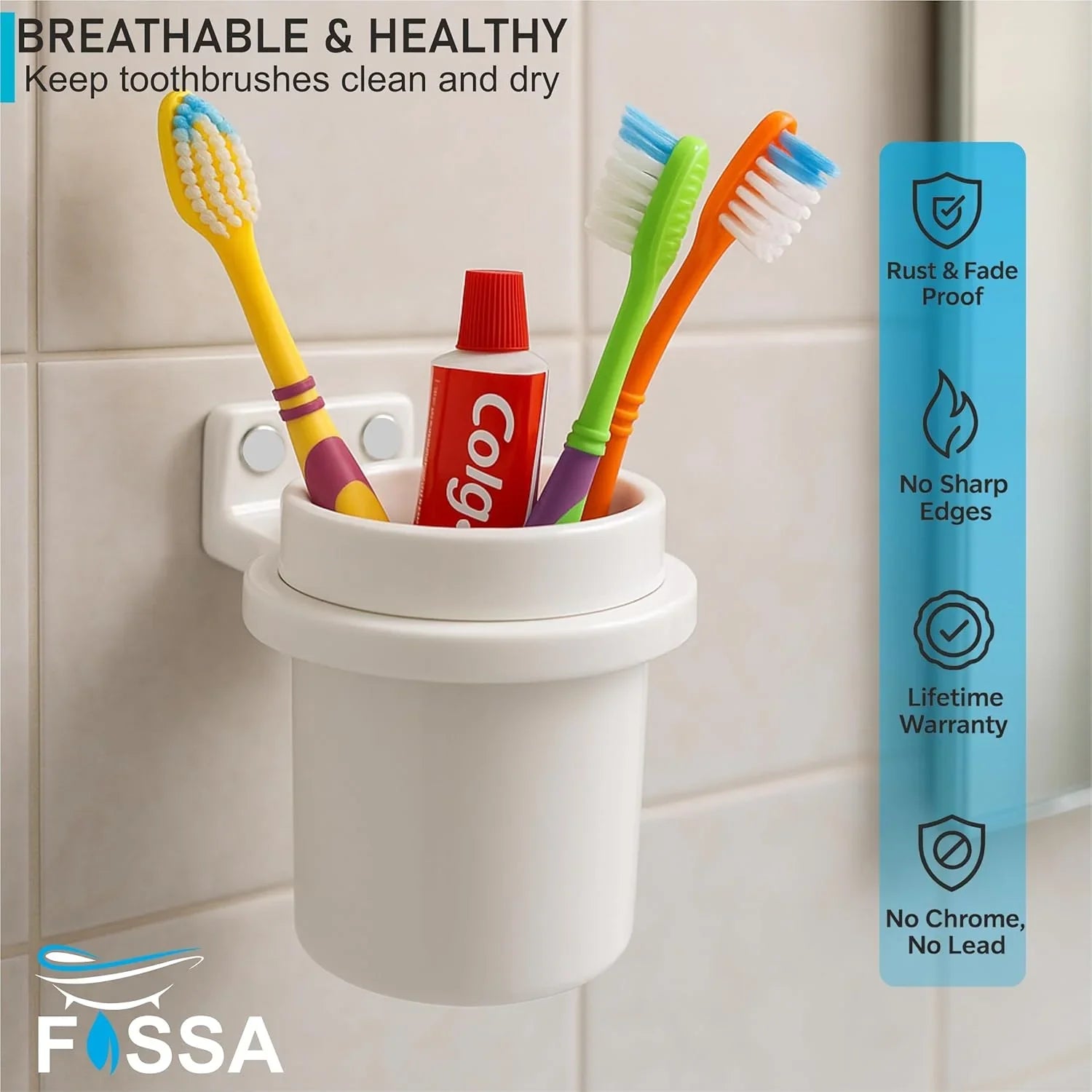 Fossa Quartz Ceramic Brush Holder – Wall Mounted Round Brush Stand for Bathroom | Anti-Bacterial, Anti-Slip Grip, Hard Water Stain Resistant | White (Glossy Finish) - Fossa Home 