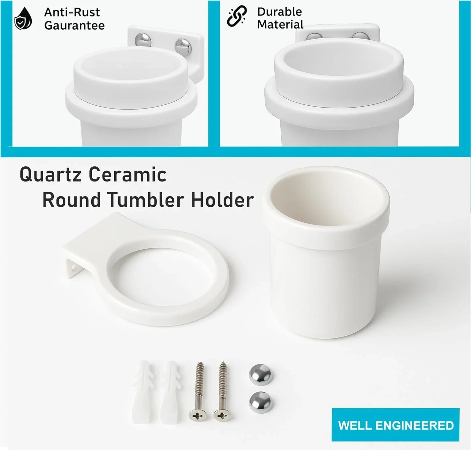 Fossa Quartz Ceramic Brush Holder – Wall Mounted Round Brush Stand for Bathroom | Anti-Bacterial, Anti-Slip Grip, Hard Water Stain Resistant | White (Glossy Finish) - Fossa Home 