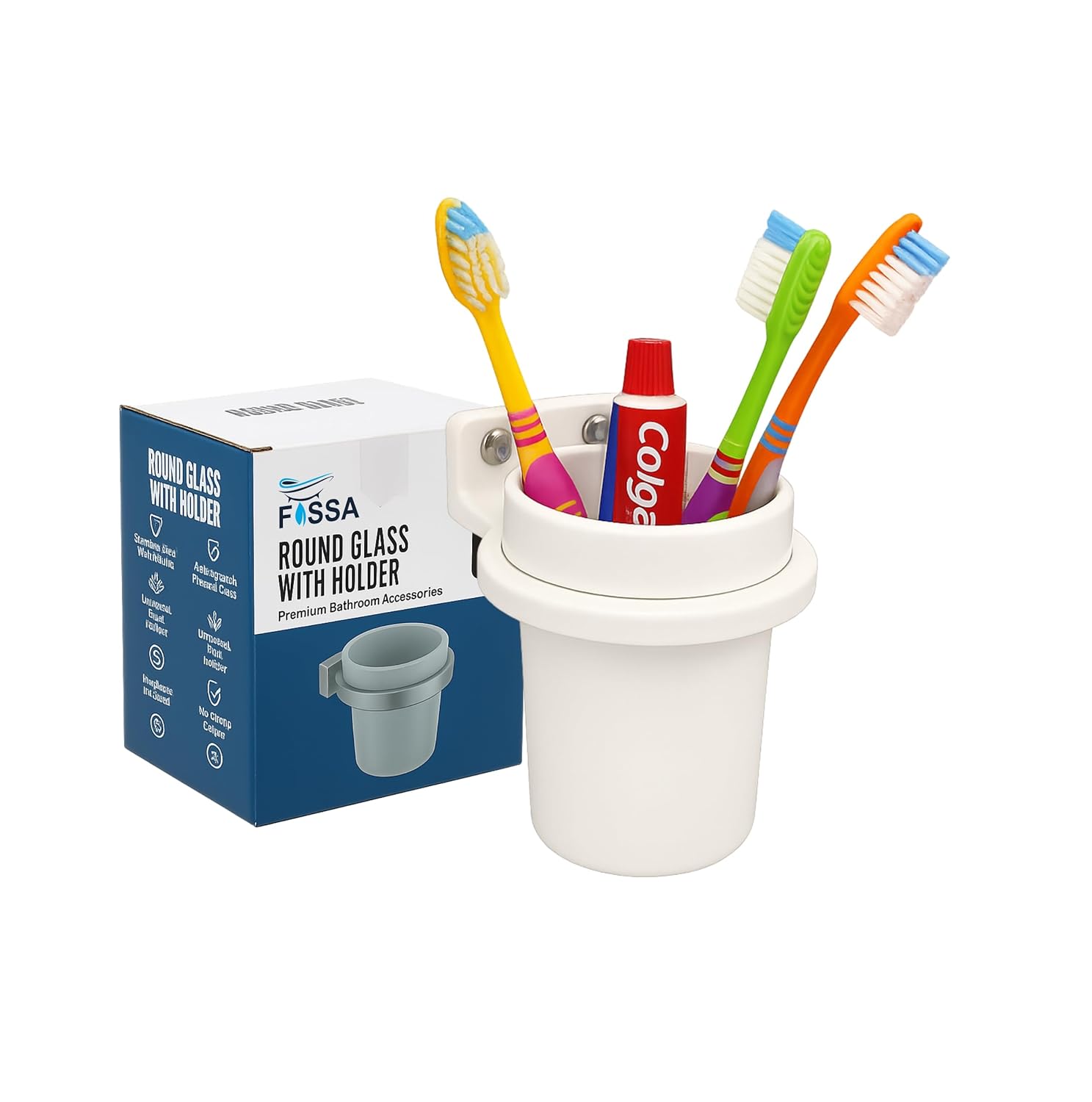 Fossa Quartz Ceramic Brush Holder – Wall Mounted Round Brush Stand for Bathroom | Anti-Bacterial, Anti-Slip Grip, Hard Water Stain Resistant | White (Glossy Finish) - Fossa Home 