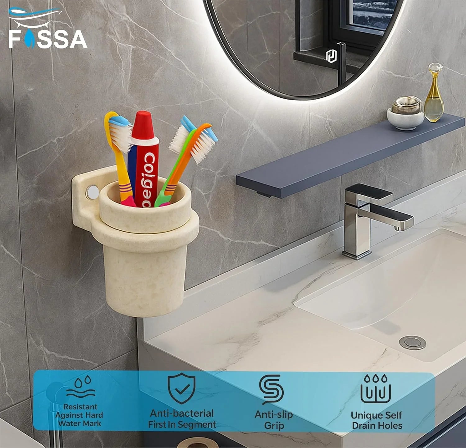 FOSSA Quartz Ceramic Brush Holder – Wall Mounted Round Brush Stand for Bathroom | Anti-Bacterial, Hard Water Stain Resistant, Anti-Slip Grip | Marble Glossy Finish - Fossa Home 