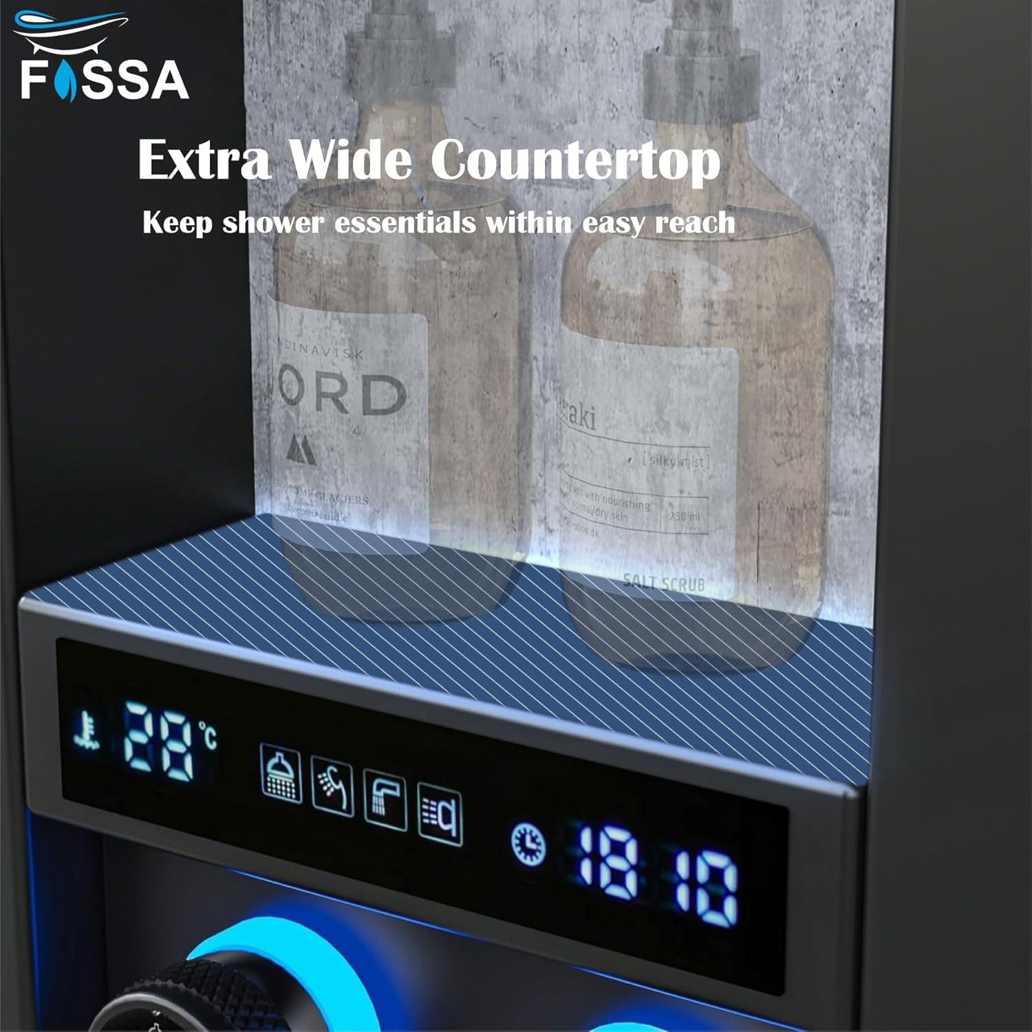 Fossa Shower Panel – 4-Function Wall Mount System with Rainfall Shower, Body Jets, Hand Shower, Tub Spout, LED Display, Ambient Light & Shelf – 304 Stainless Steel – Colva Black (Chrome Finish) - Fossa Home 