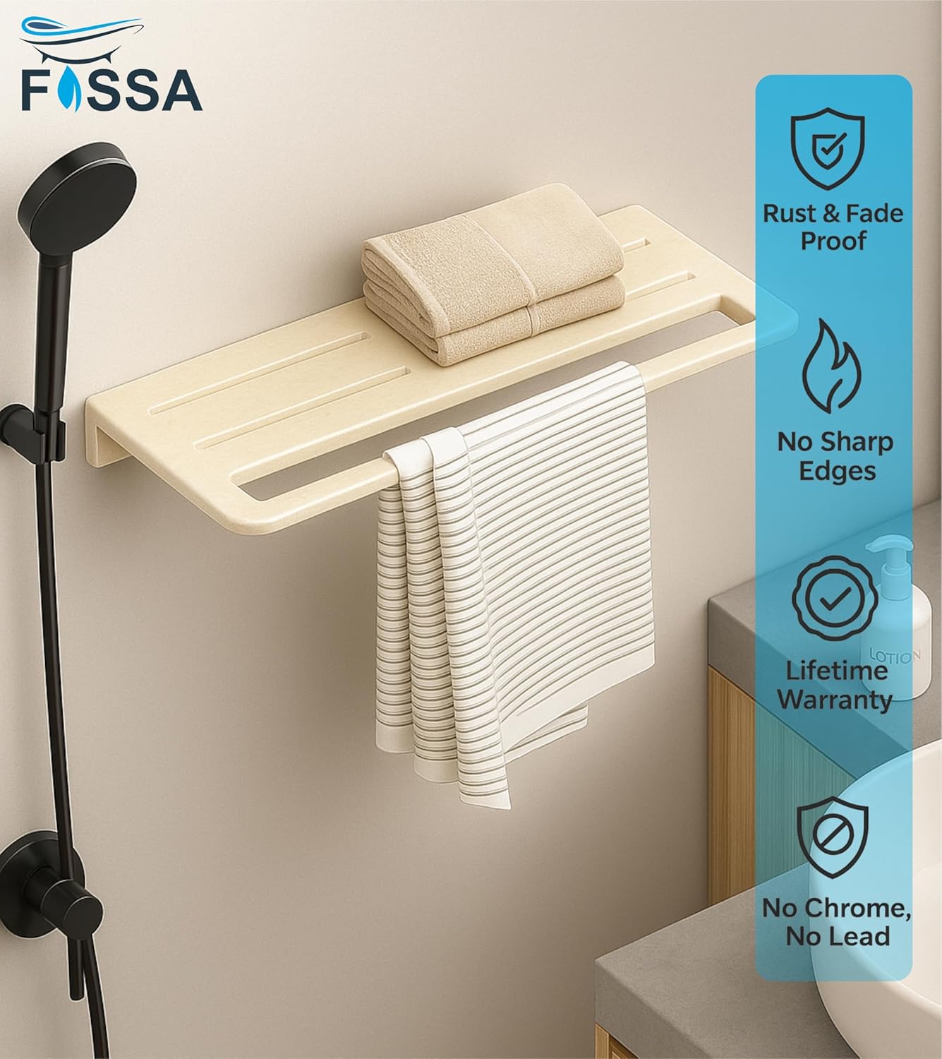 Fossa Space-Saving Wall Mounted Towel Shelf – Foldable Chrome Towel, Durable Bathroom Accessories, Rust Resistant & Stylish Bathroom Fittings | Ivory (Quartz Ceramic) - Fossa Home 