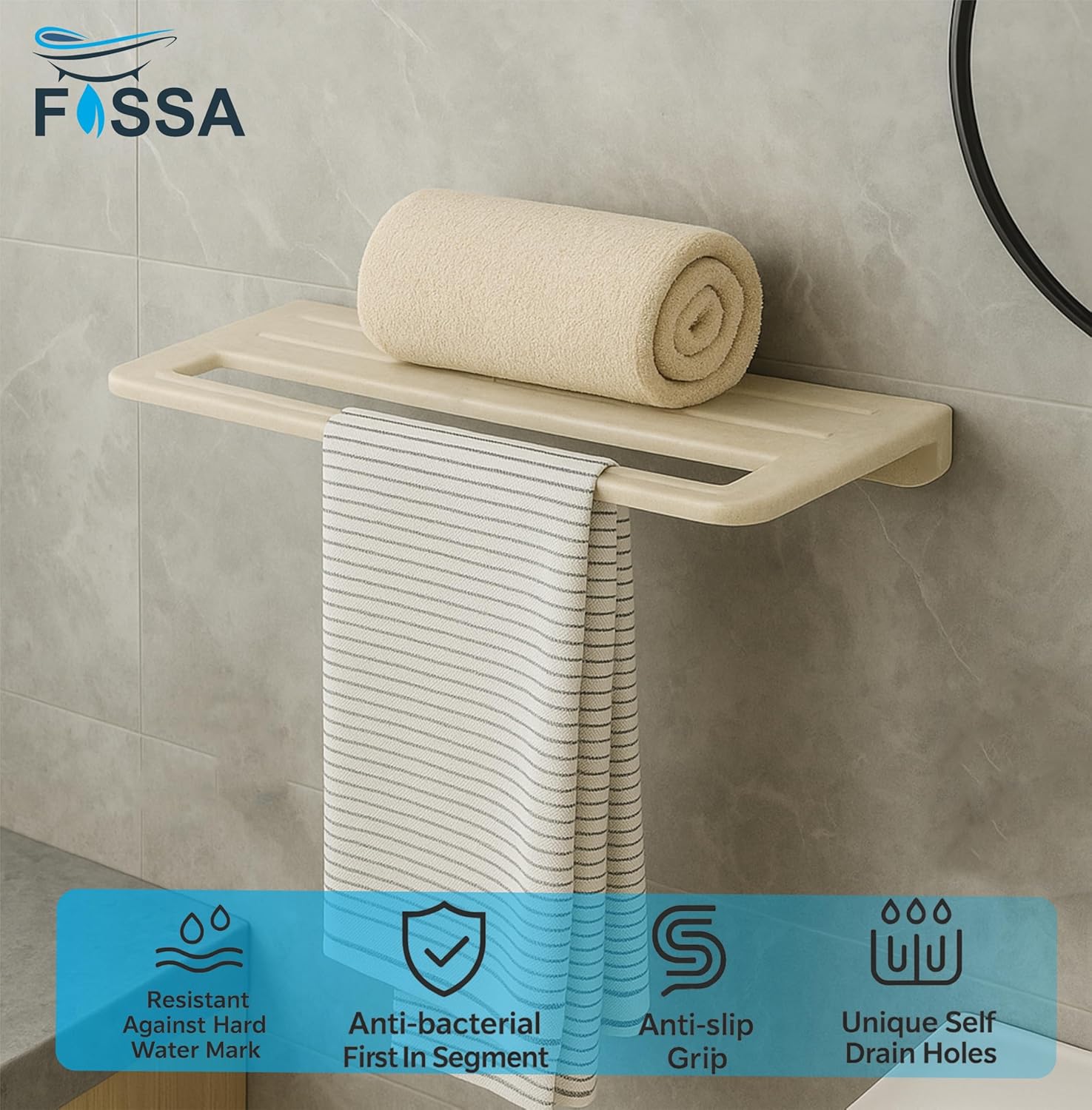 Fossa Space-Saving Wall Mounted Towel Shelf – Foldable Chrome Towel, Durable Bathroom Accessories, Rust Resistant & Stylish Bathroom Fittings | Ivory (Quartz Ceramic) - Fossa Home 