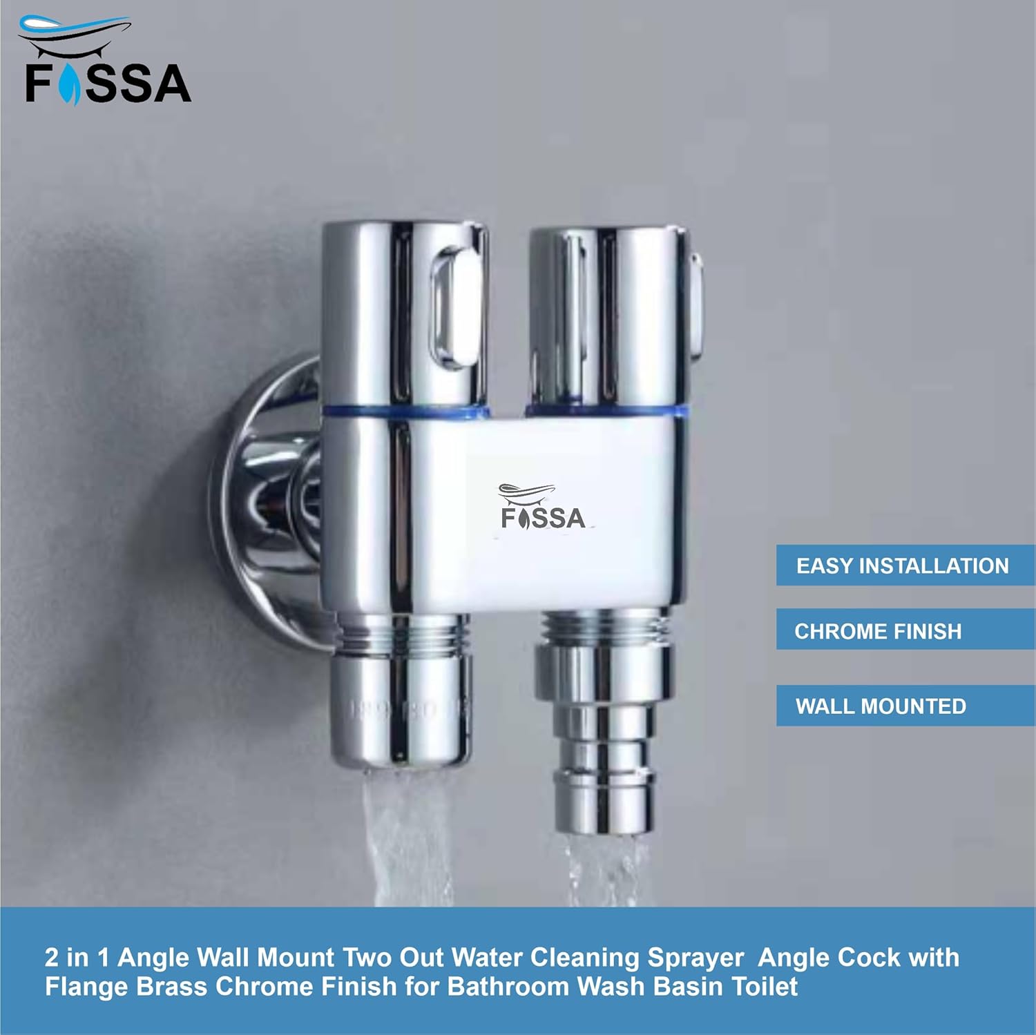 Fossa Brass 2 in 1 Angle Wall Mount Two Out Water Cleaning Sprayer Angle cock with Flange Chrome Finish for Bathroom Wash Basin Toilet (Silver) (Compact | Pack of 2) - Fossa Home 