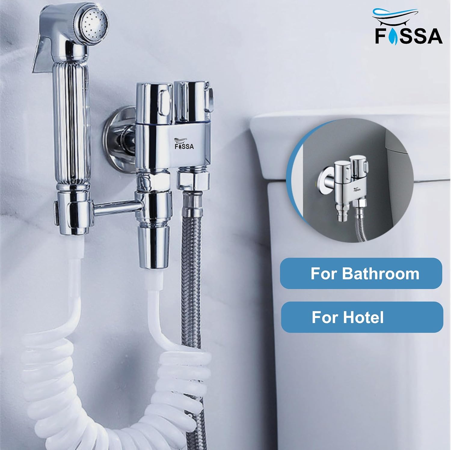 Fossa Brass 2 in 1 Angle Wall Mount Two Out Water Cleaning Sprayer Angle cock with Flange Chrome Finish for Bathroom Wash Basin Toilet (Silver) (Compact | Pack of 2) - Fossa Home 