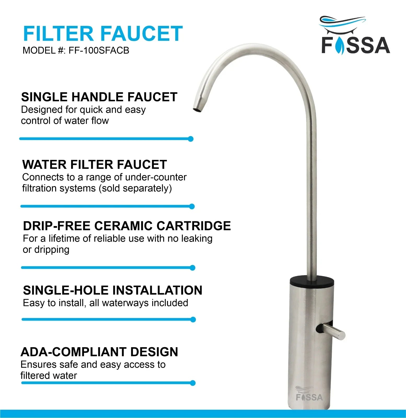 Fossa Opera J Bend RO Tap Kitchen Water Filter Faucet, 100% Lead-Free Drinking Water Faucet Stainless Steel Brushed Nickel Finish (Silver) - Fossa Home 