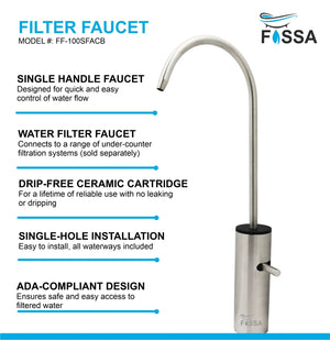 Fossa Opera J Bend RO Tap Kitchen Water Filter Faucet, 100% Lead-Free Drinking Water Faucet Stainless Steel Brushed Nickel Finish (Silver) - Fossa Home 