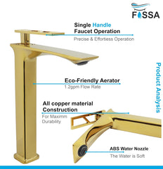 Fossa Classy Extended Body Brass Bathroom Sink Wash Basin Mixer Tap Single Handle Hot & Cold Lavatory Sink Faucet for Living Room & Bathrooms (Gold) - Fossa Home 