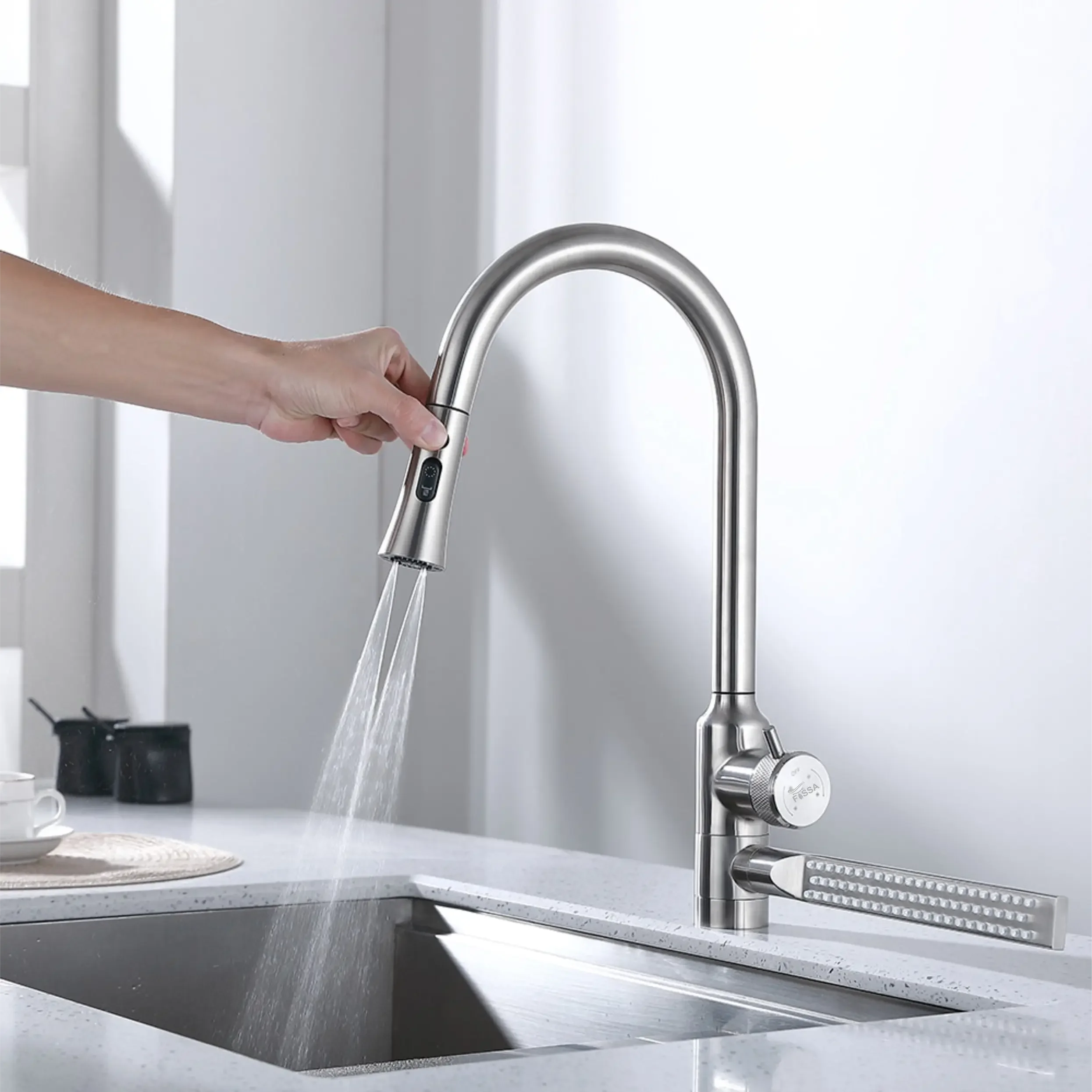 Fossa Integrated Waterfall Faucet Taps in-Built Shower Hot & Cold Water Supply and Pull-Out Faucet Taps 3 Way Multifunction Oprating Silver Fossa Home