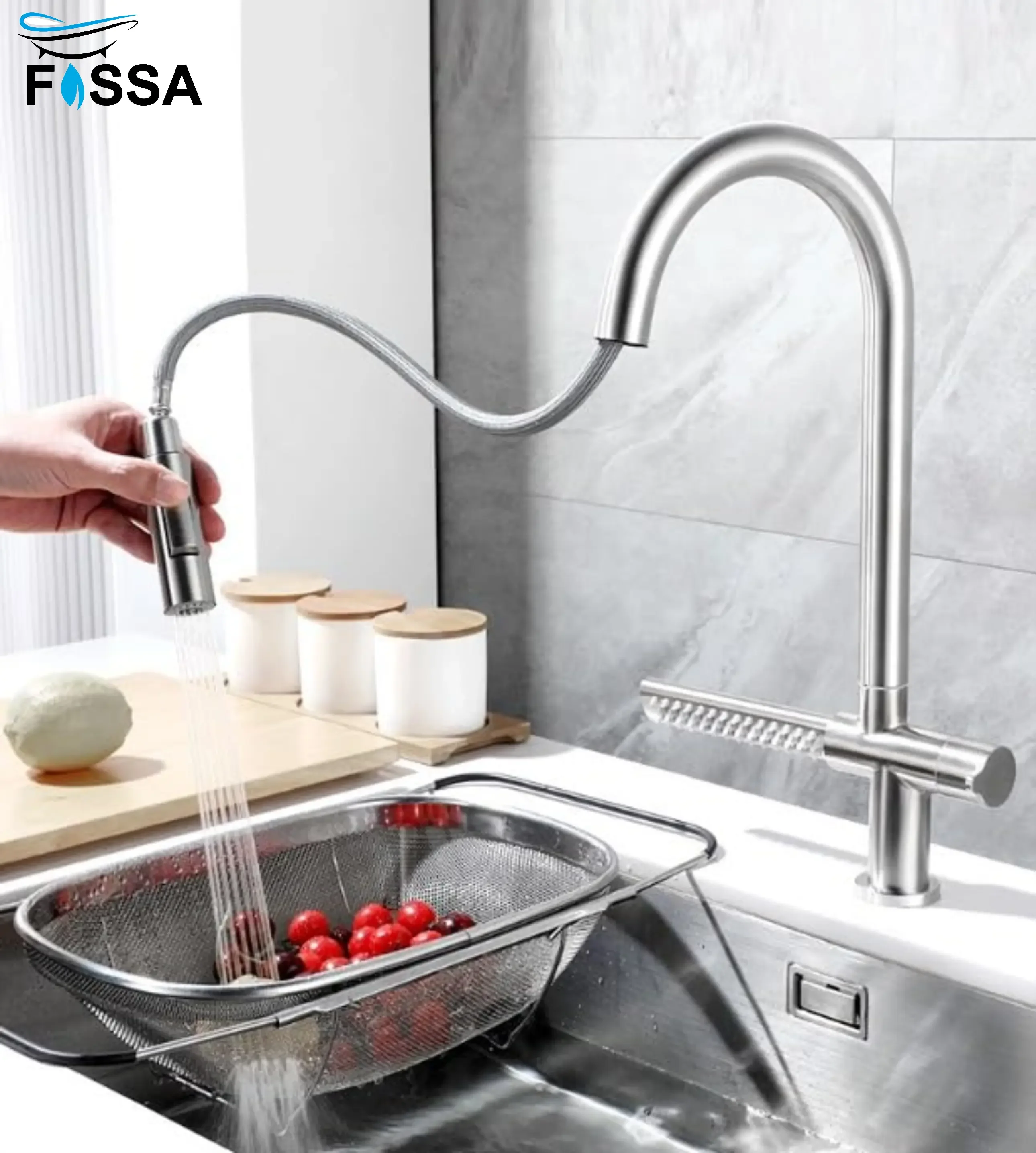 Fossa Integrated Waterfall Faucet Taps in-Built Shower Hot & Cold Water Supply and Pull-Out Faucet Taps 3 Way Multifunction Oprating Silver Fossa Home
