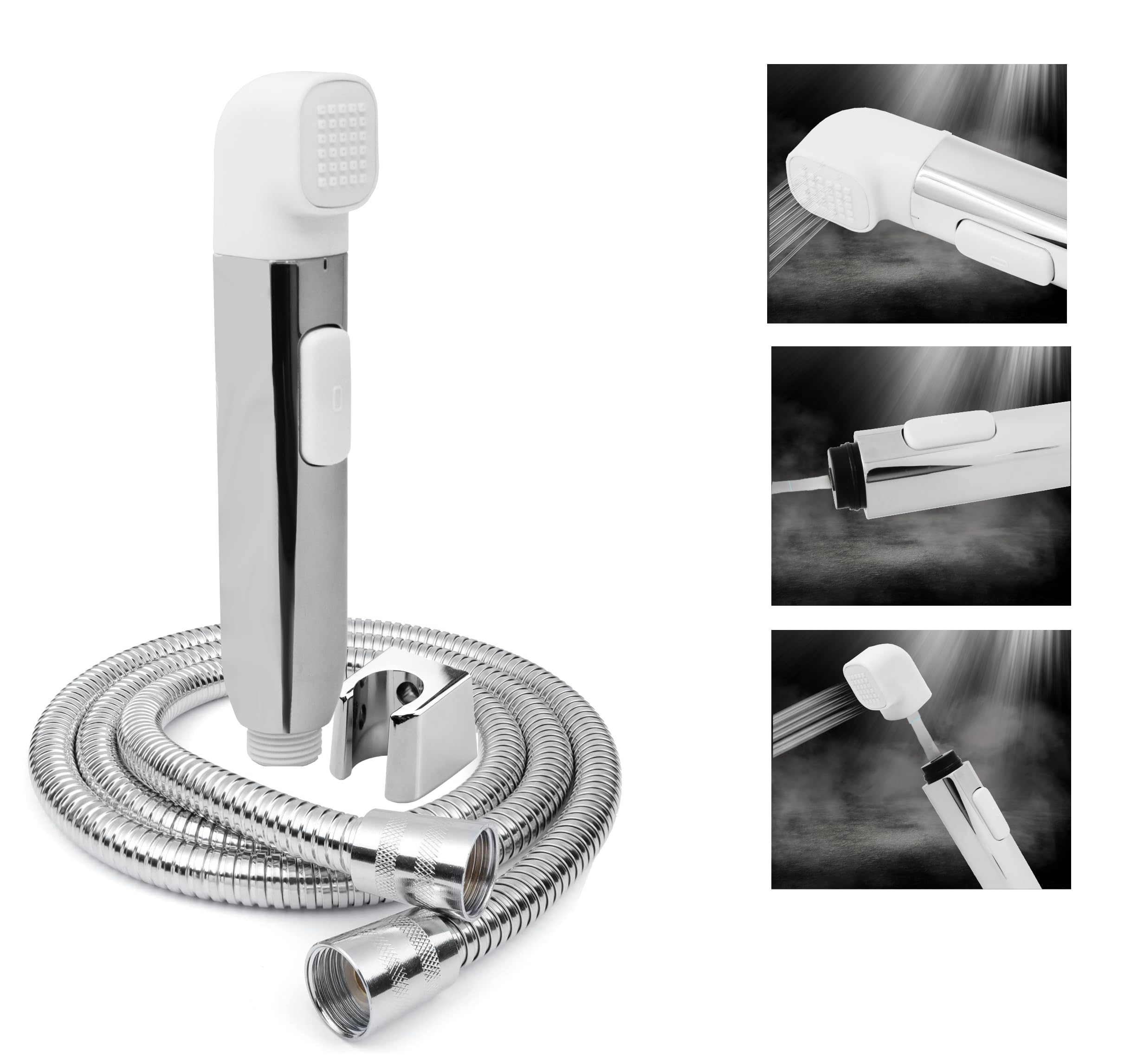 Fossa Krave ABS Dual Function Health Faucet with Stainless Steel 1 Meter Flexible Hose Pipe and Wall Hook, Jet Spray for Toilet Chrome Finish (White) - Fossa Home 