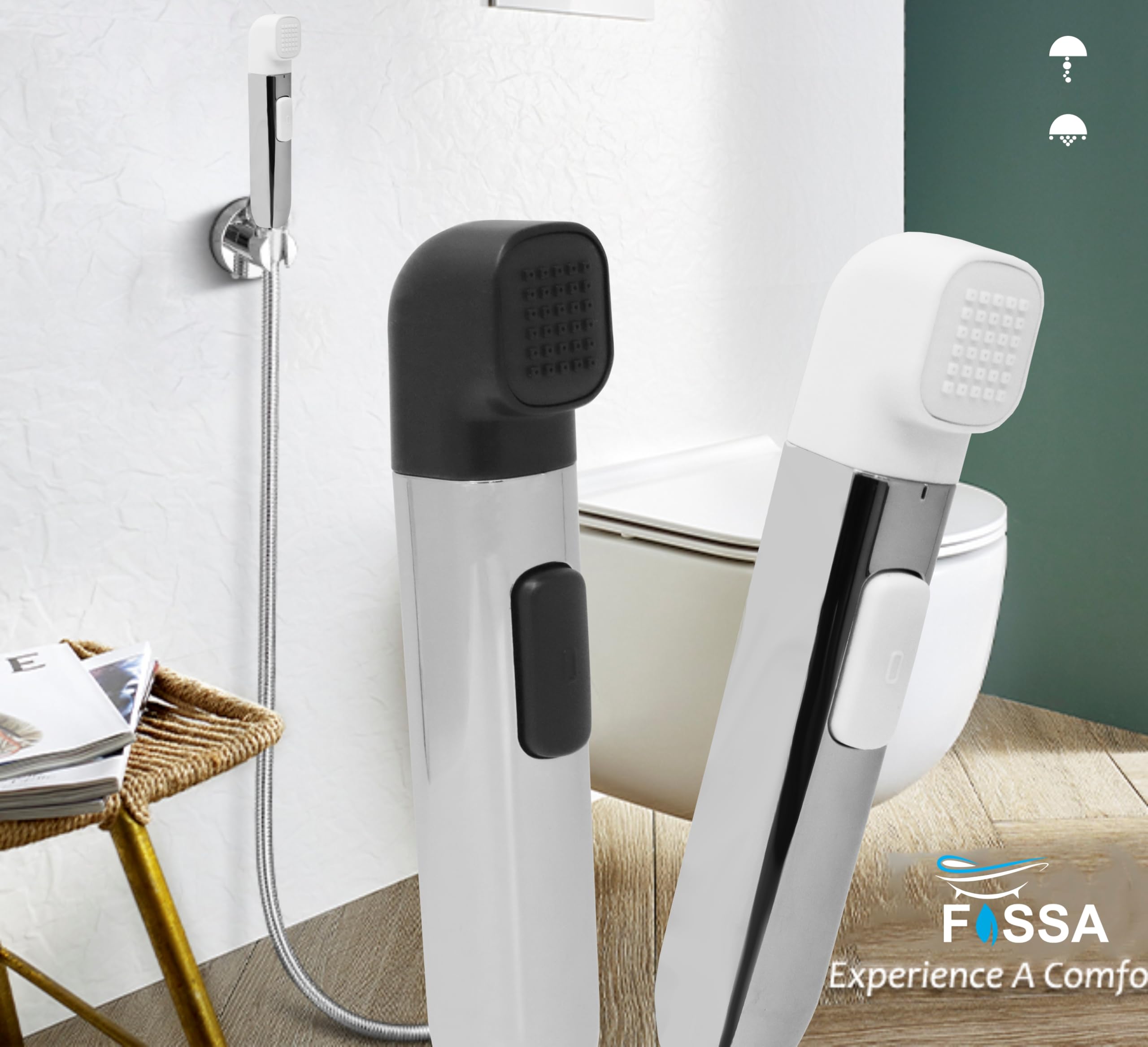 Fossa Krave ABS Dual Function Health Faucet with Stainless Steel 1 Meter Flexible Hose Pipe and Wall Hook, Jet Spray for Toilet Chrome Finish (White) - Fossa Home 