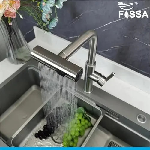 Fossa Pull-Out Kitchen Faucet, Stainless Steel Sink Faucet, Single Lever Rainfall Waterfall Faucet for Sinks, (Silver) Fossa Home