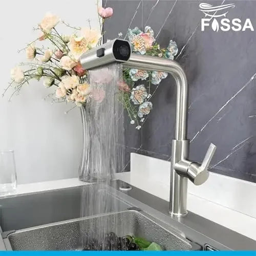 Fossa Pull-Out Kitchen Faucet, Stainless Steel Sink Faucet, Single Lever Rainfall Waterfall Faucet for Sinks, (Silver) Fossa Home